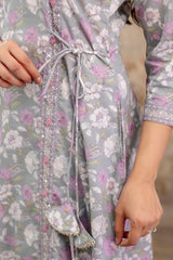 Pure cotton Floral print embroidered Angrakha Kurta pant dupatta set