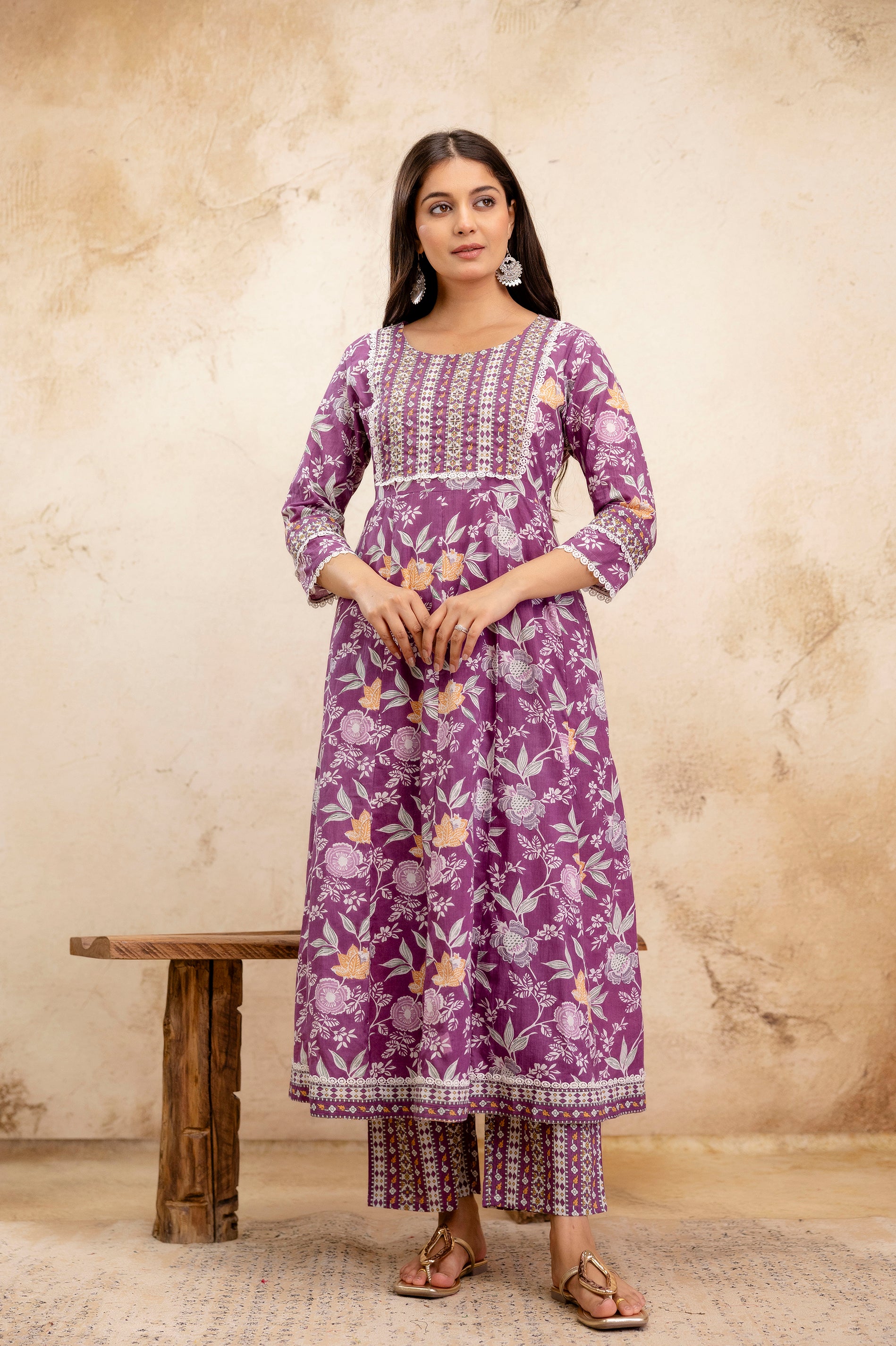 Pure Cotton Floral printed Hand work Kurta Pant Dupatta Set