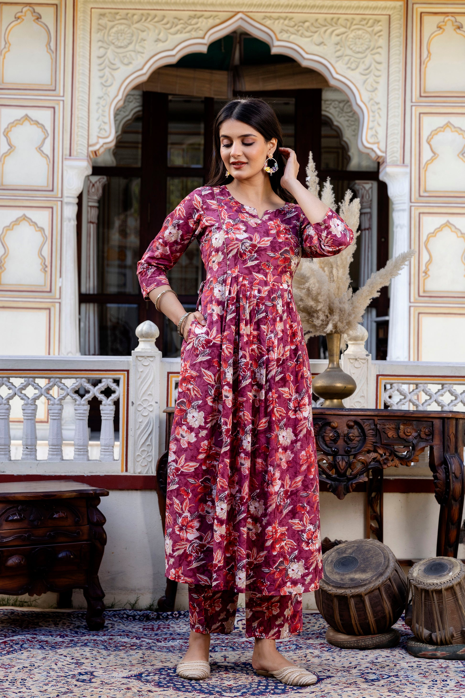 Pure cotton Floral print flared kurta pant dupatta set