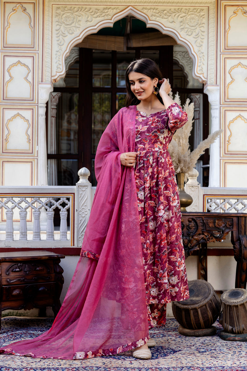 Pure cotton Floral print flared kurta pant dupatta set