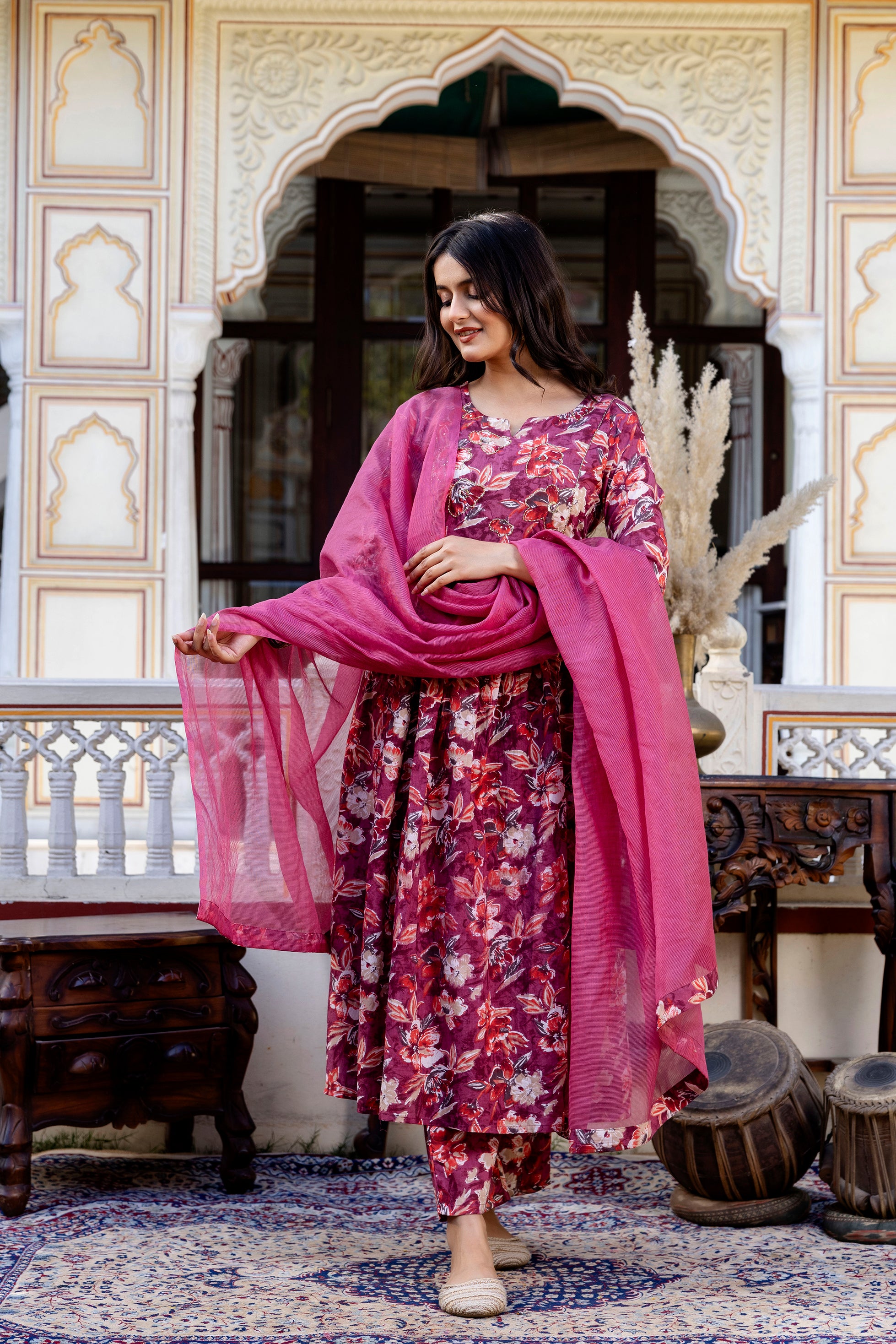 Pure cotton Floral print flared kurta pant dupatta set