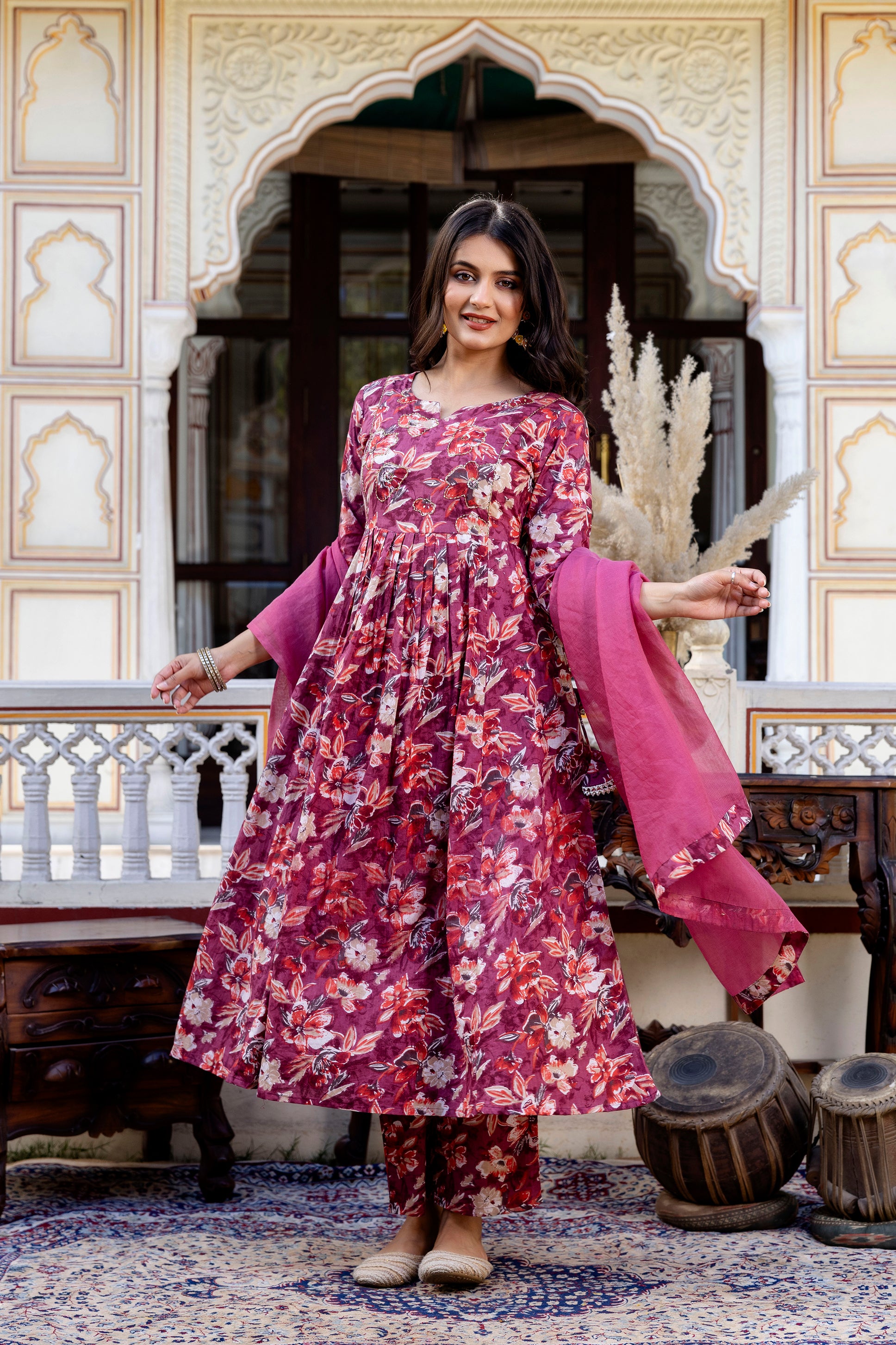 Pure cotton Floral print flared kurta pant dupatta set