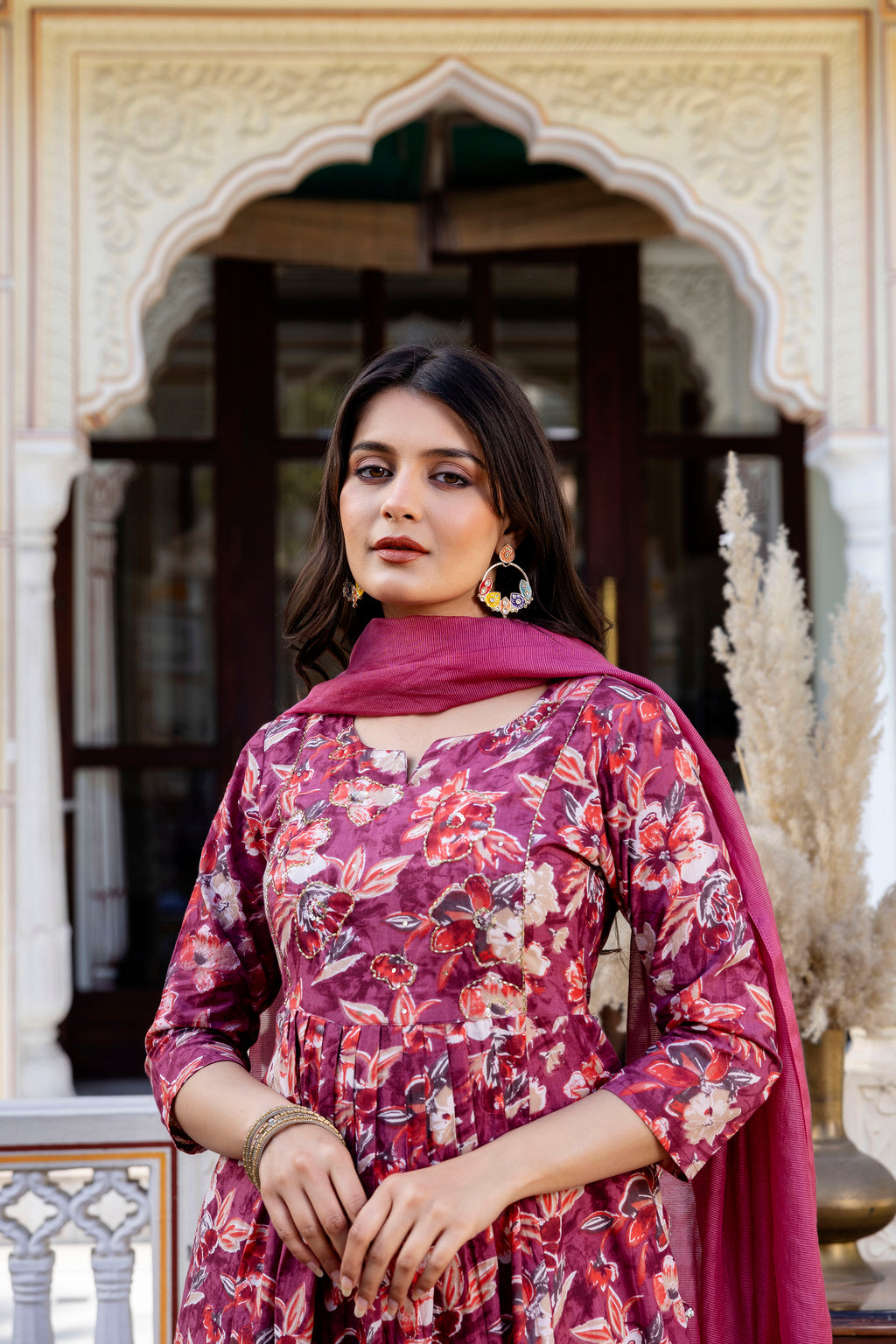 Pure cotton Floral print flared kurta pant dupatta set