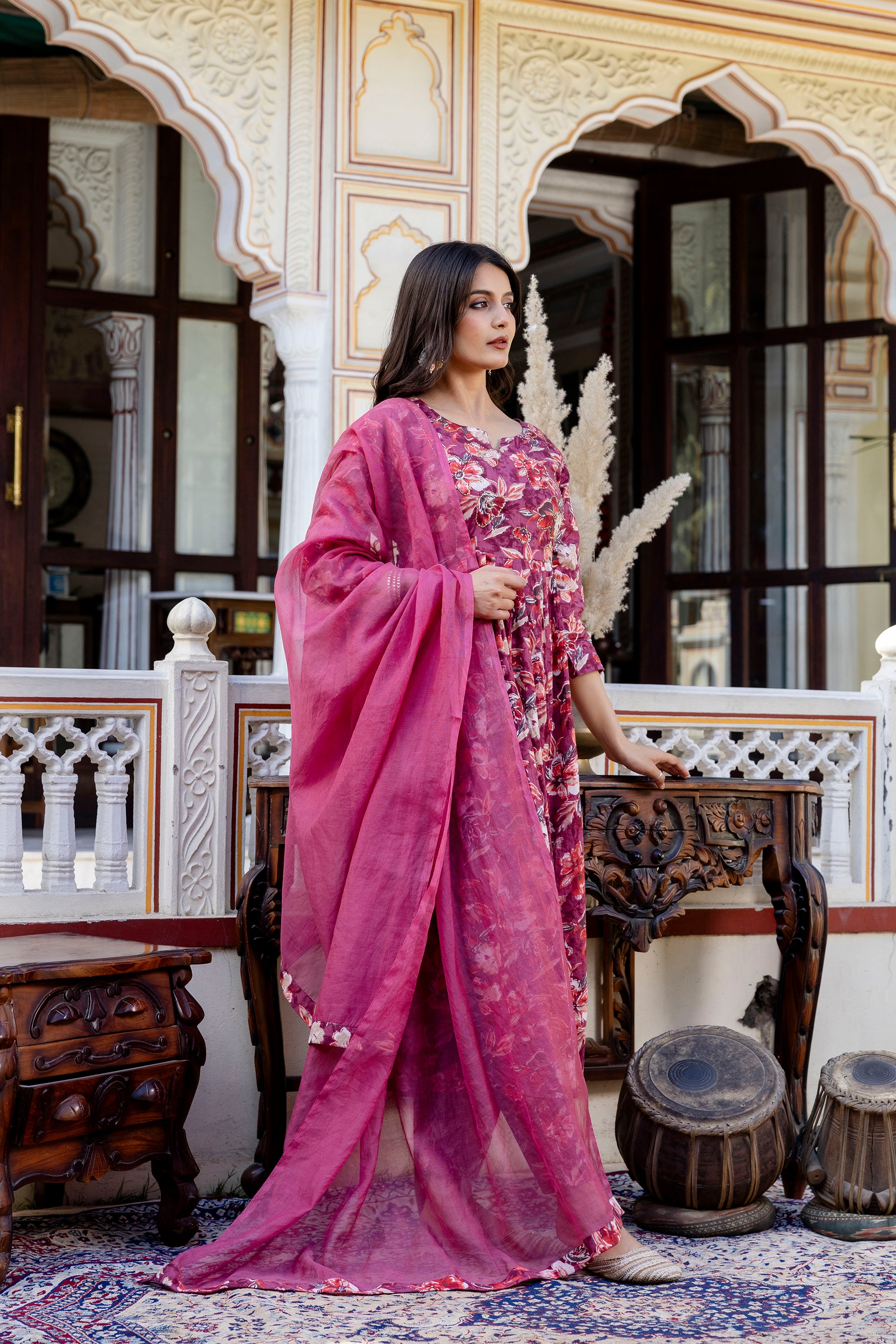 Pure cotton Floral print flared kurta pant dupatta set