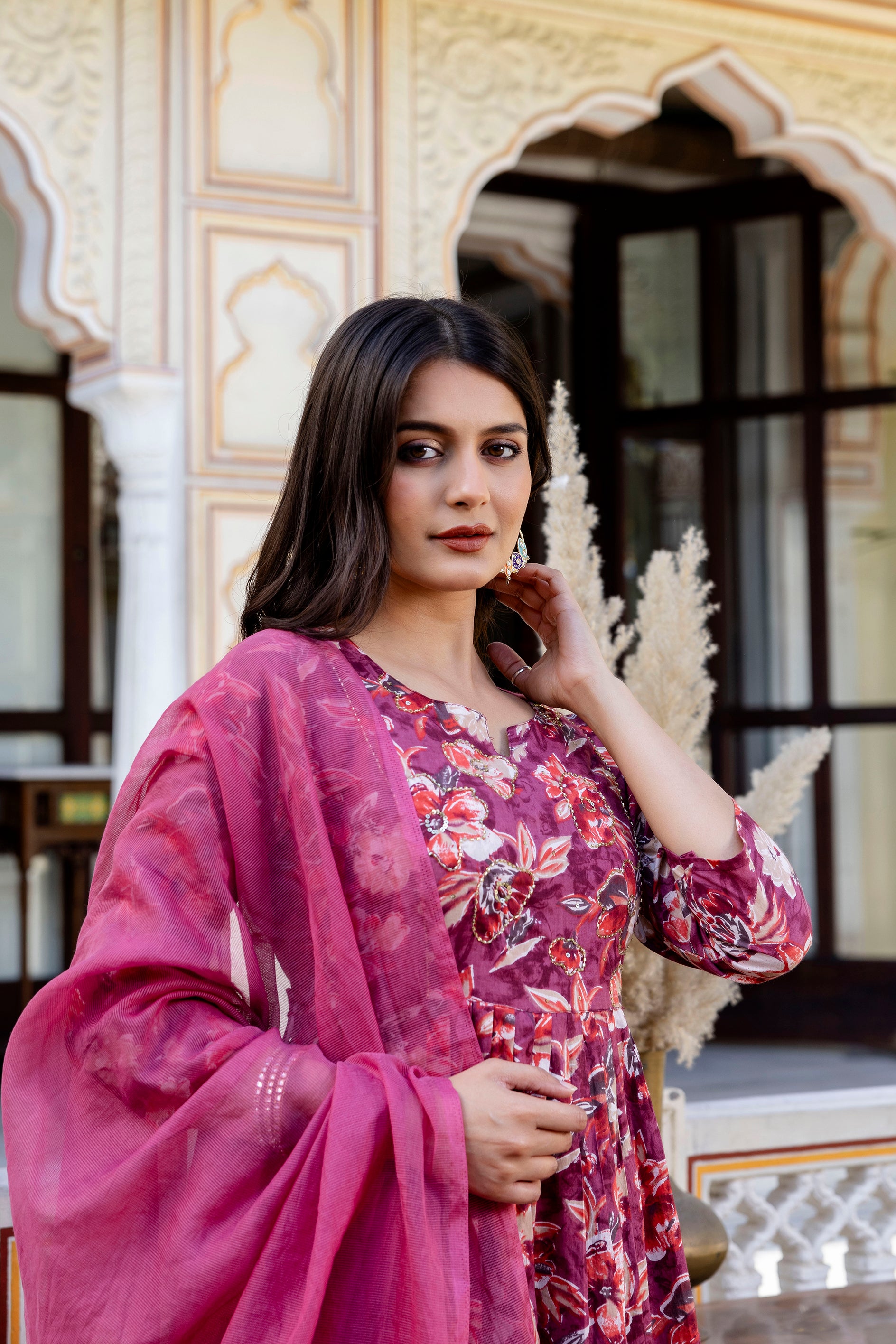 Pure cotton Floral print flared kurta pant dupatta set