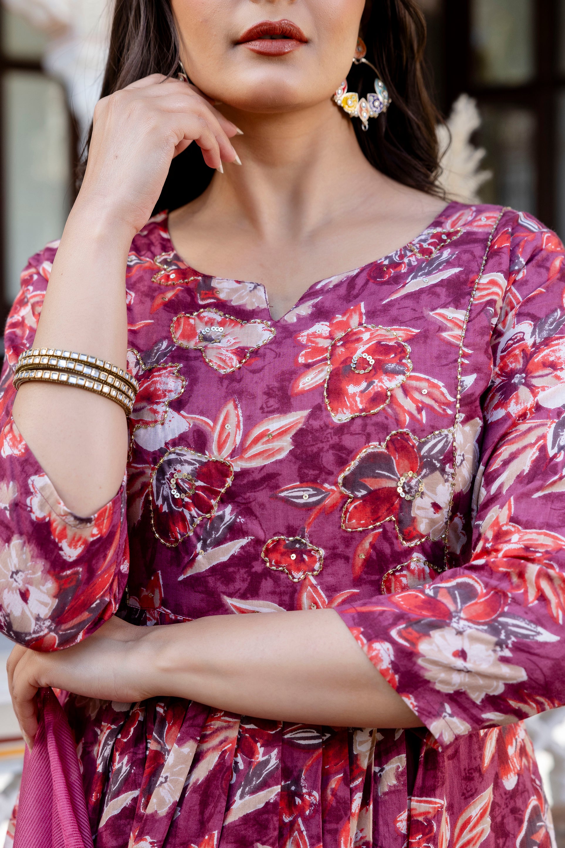 Pure cotton Floral print flared kurta pant dupatta set