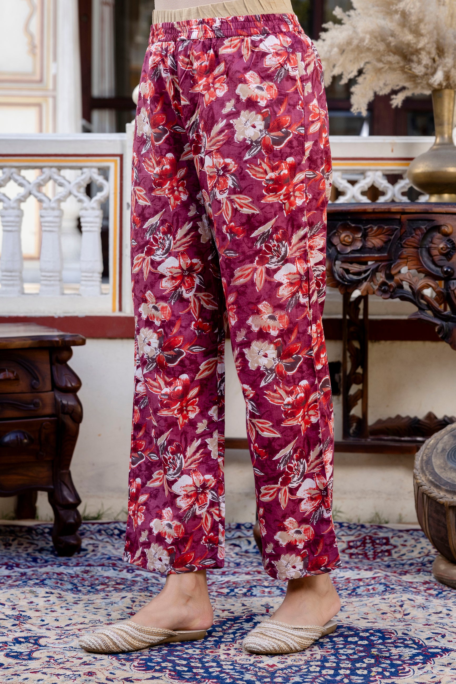 Pure cotton Floral print flared kurta pant dupatta set
