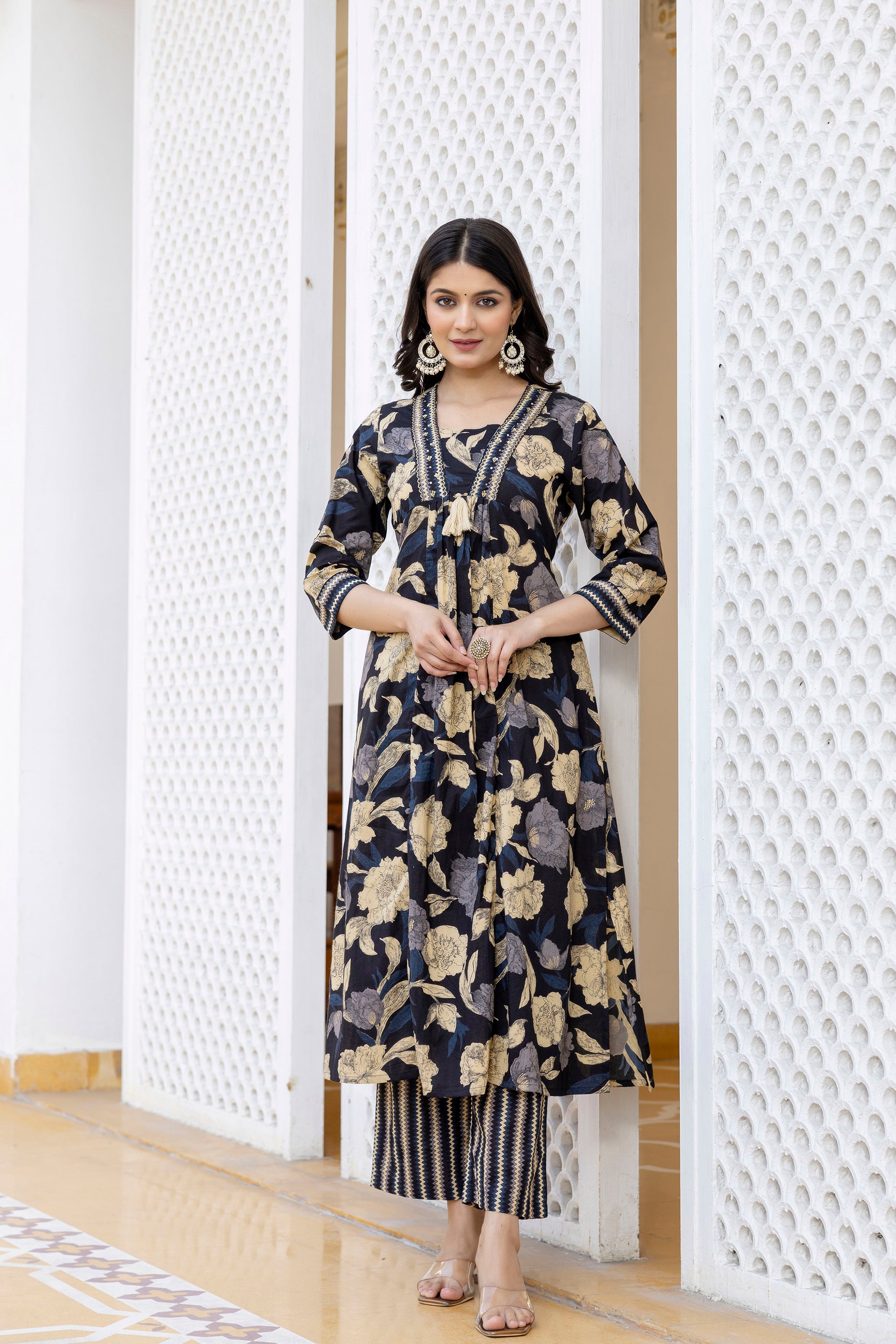 Pura cotton Aline floral print Kurta pant dupatta set