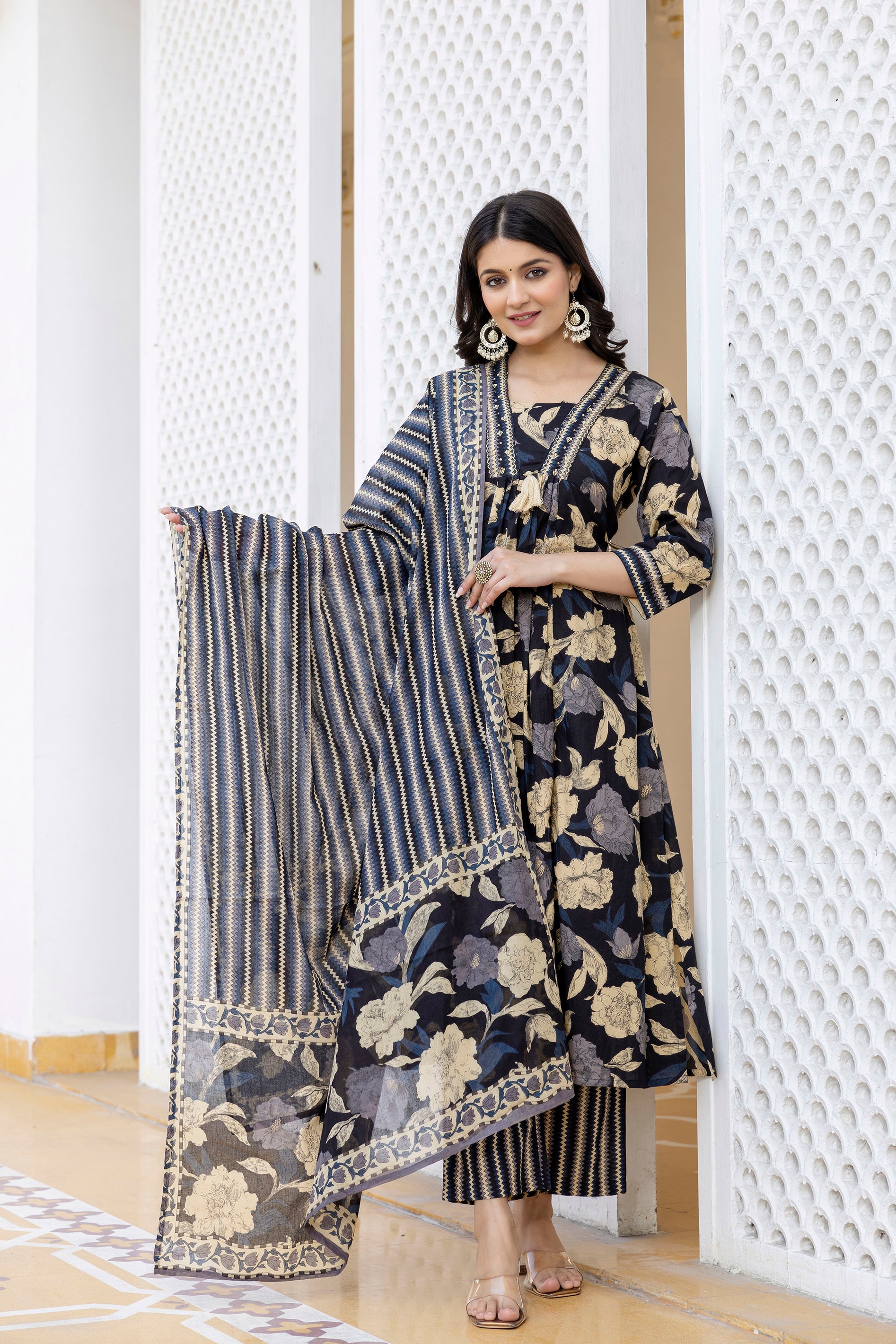 Pura cotton Aline floral print Kurta pant dupatta set