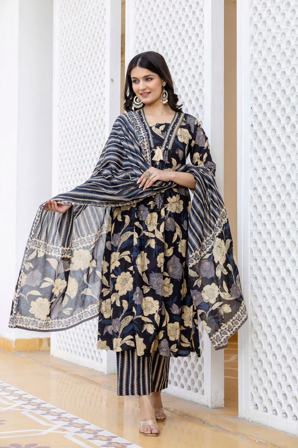 Pura cotton Aline floral print Kurta pant dupatta set