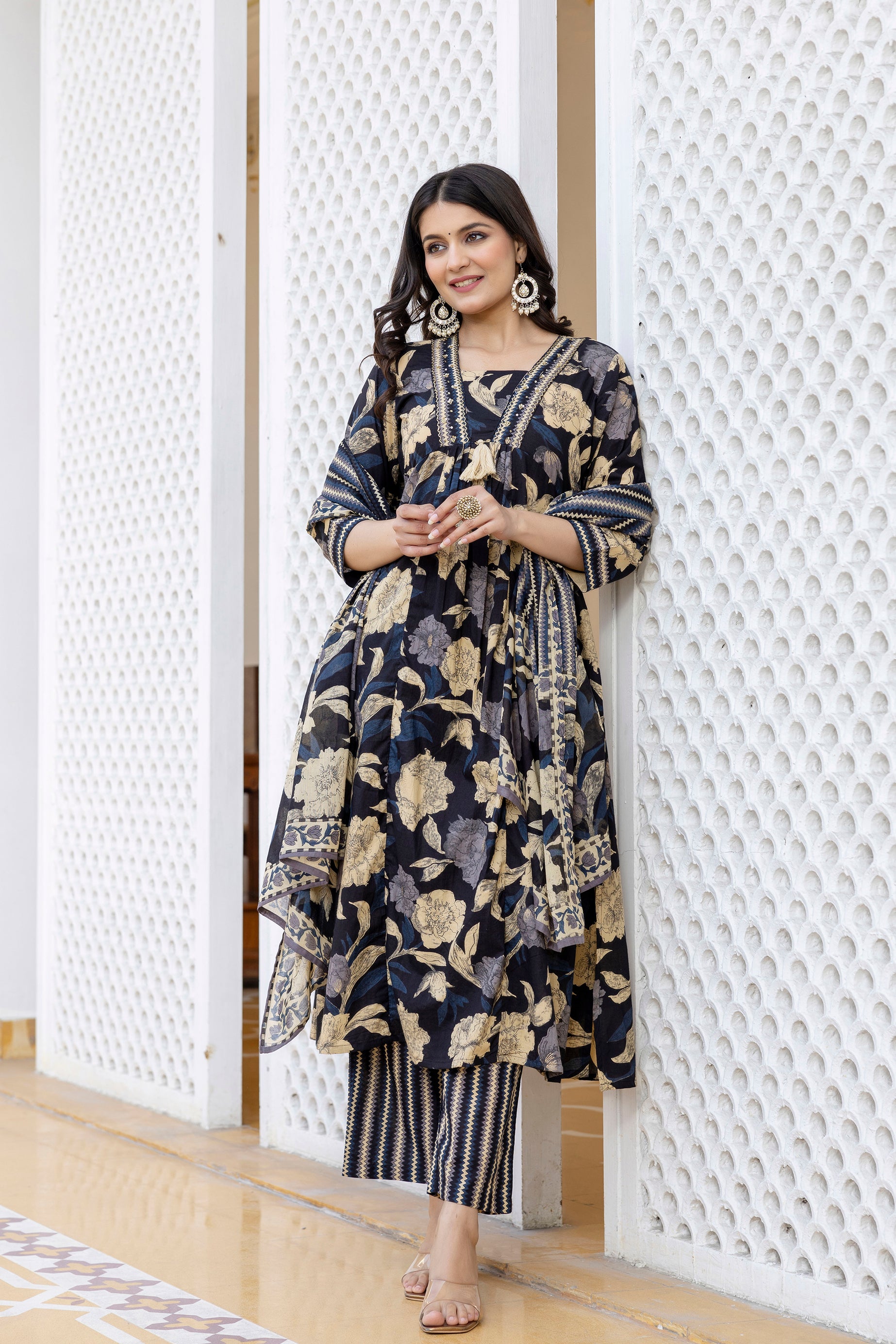 Pura cotton Aline floral print Kurta pant dupatta set