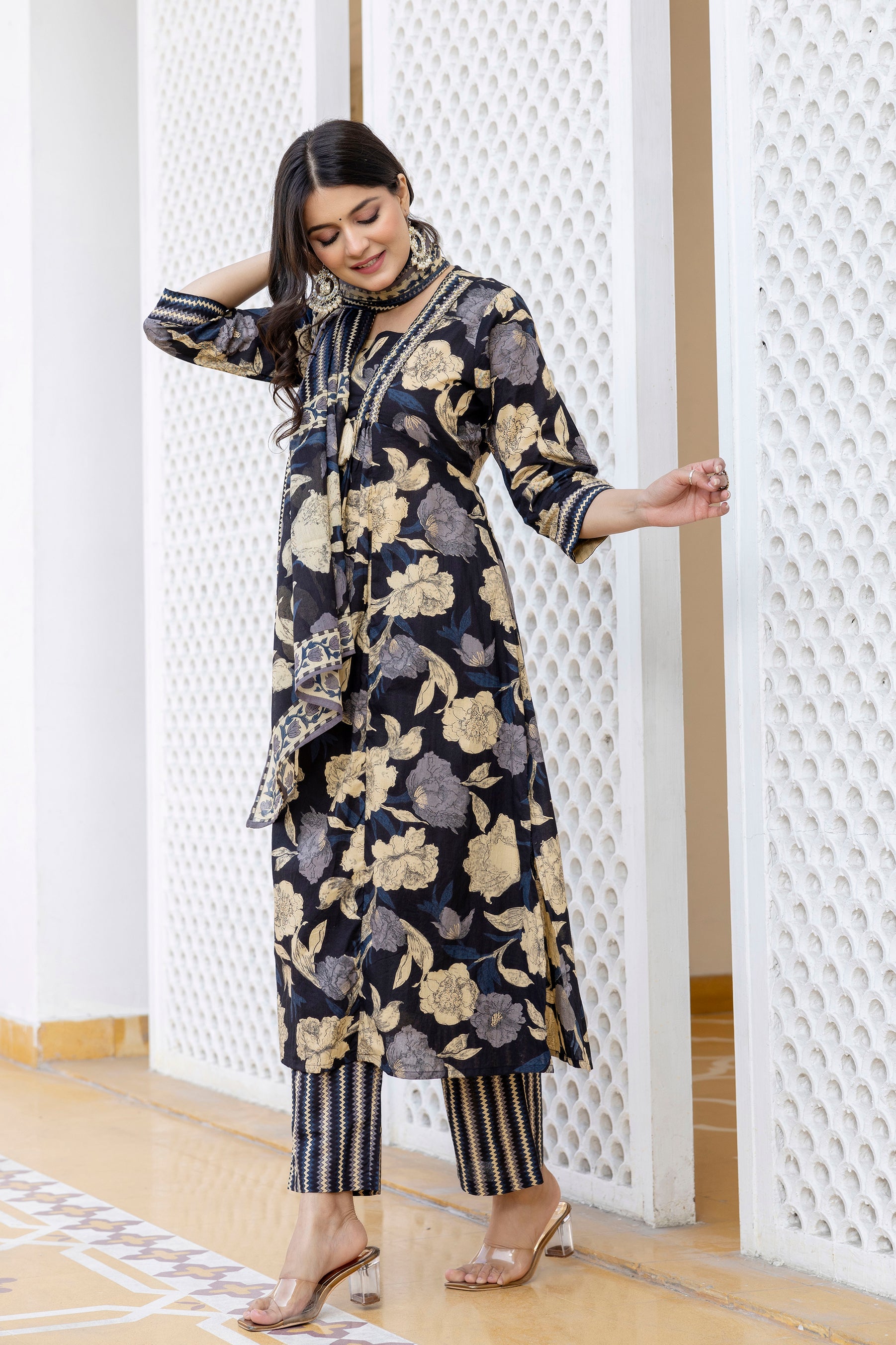 Pura cotton Aline floral print Kurta pant dupatta set