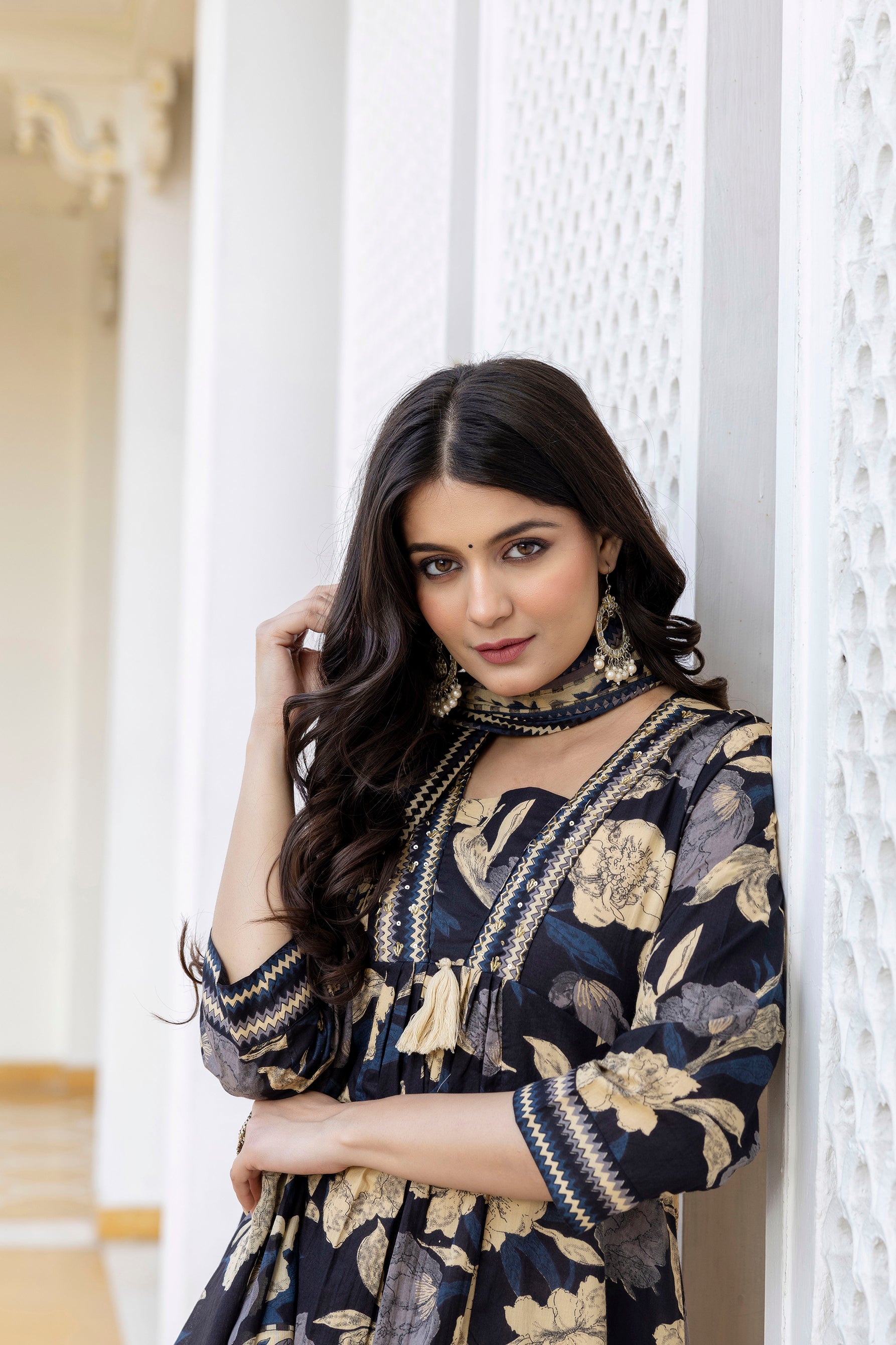 Pura cotton Aline floral print Kurta pant dupatta set