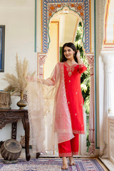 Modal Chanderi embroidered kurta pant dupatta set.