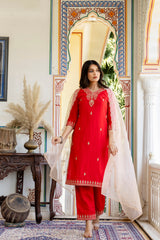 Modal Chanderi embroidered kurta pant dupatta set.