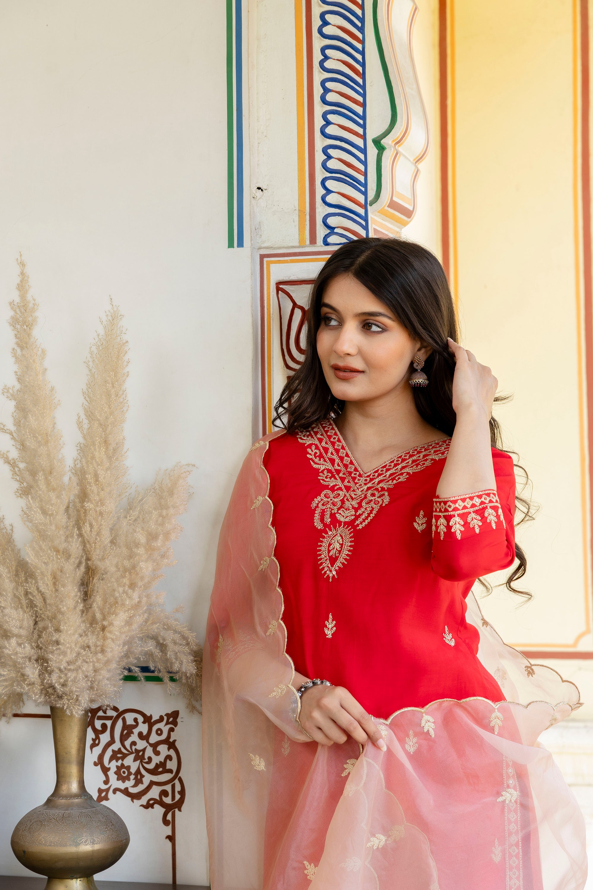 Modal Chanderi embroidered kurta pant dupatta set.