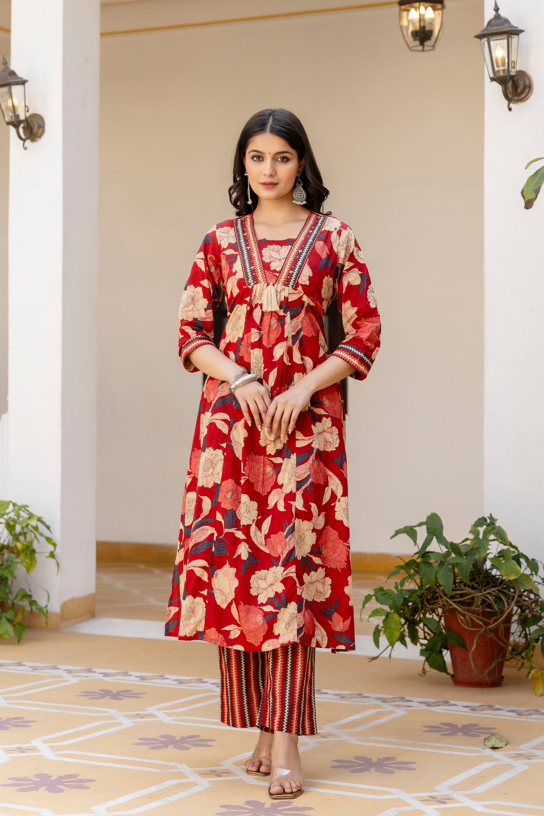 Pura cotton Aline floral print Kurta pant dupatta set