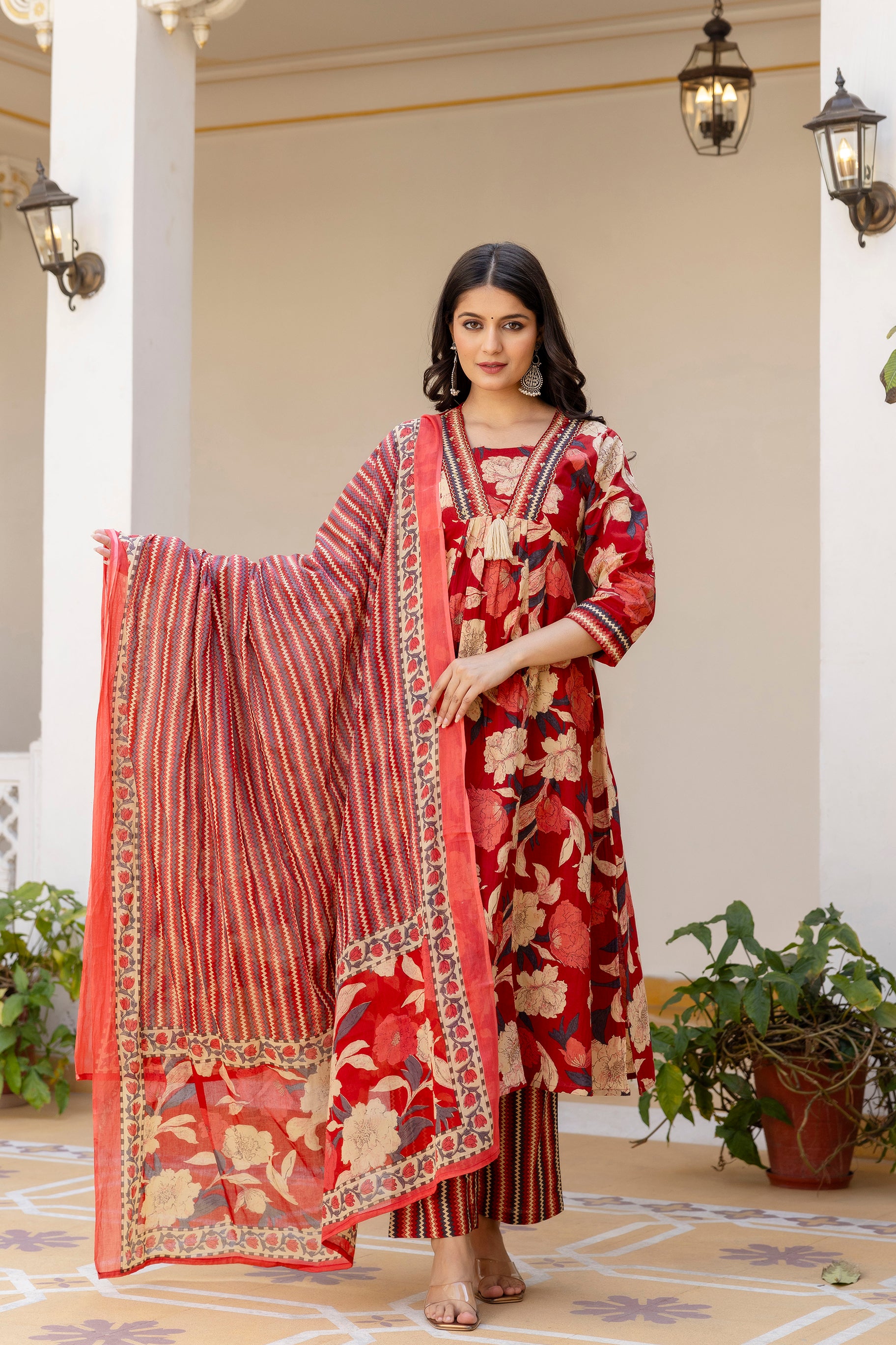 Pura cotton Aline floral print Kurta pant dupatta set