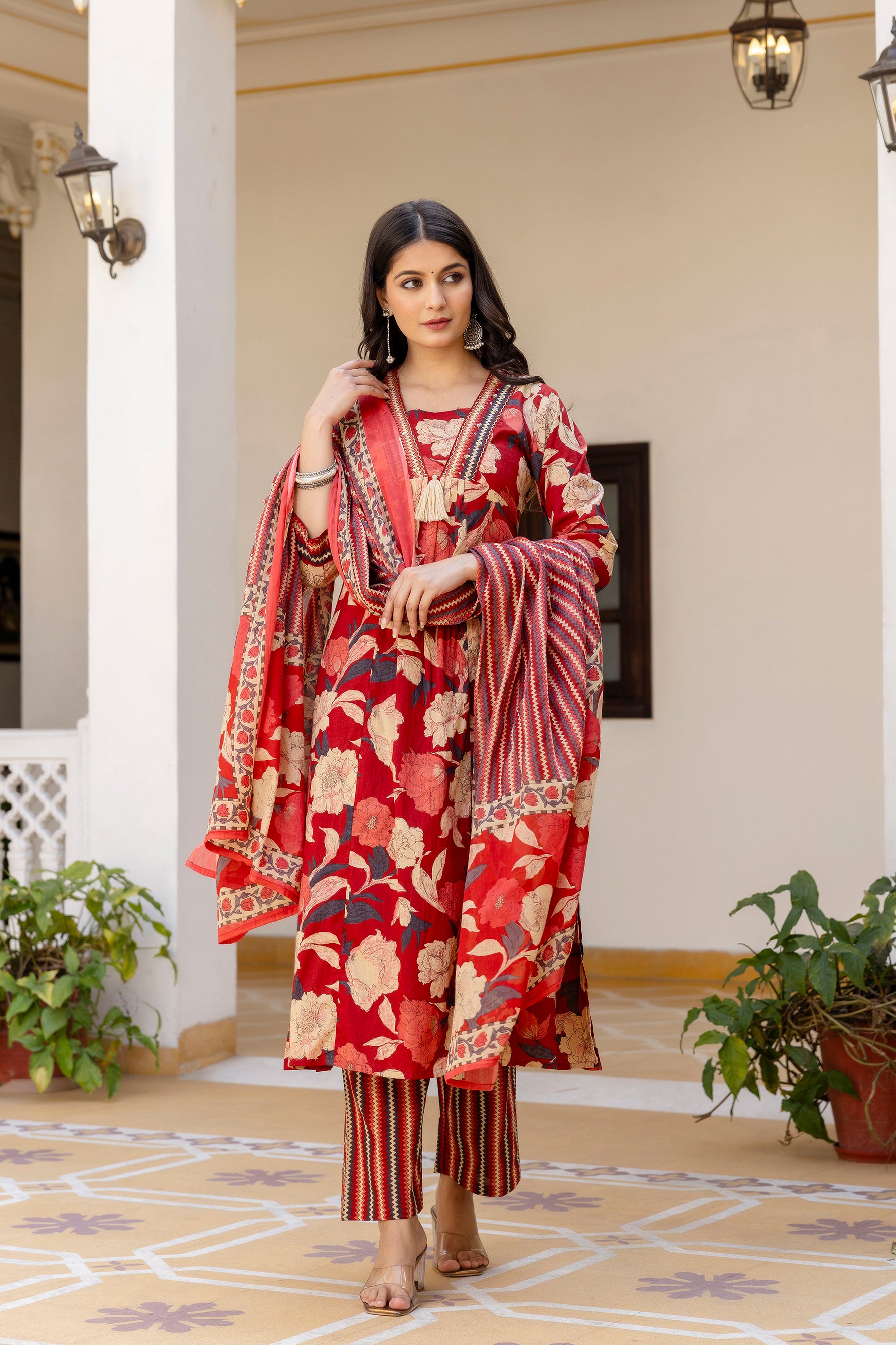 Pura cotton Aline floral print Kurta pant dupatta set