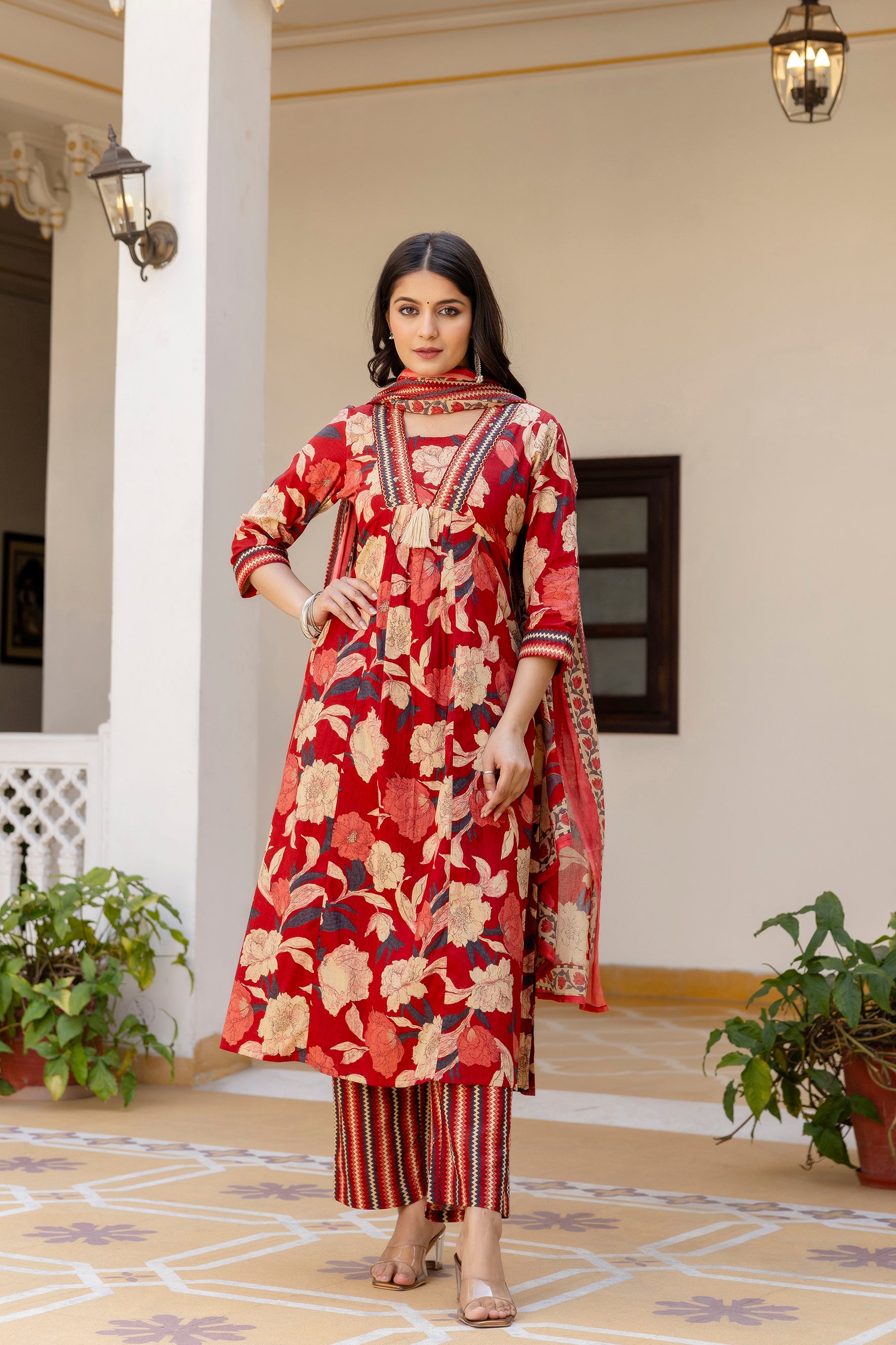 Pura cotton Aline floral print Kurta pant dupatta set