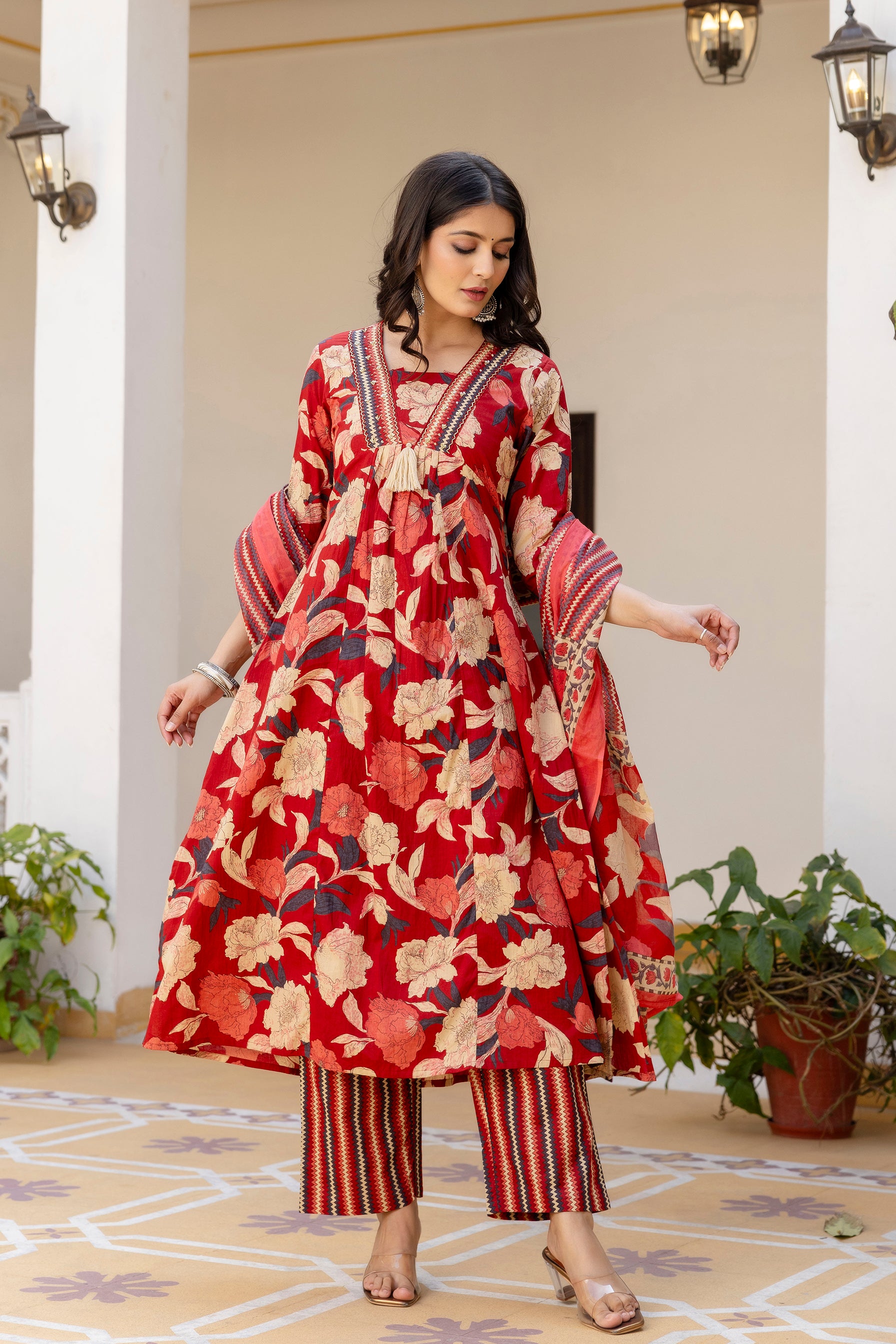 Pura cotton Aline floral print Kurta pant dupatta set