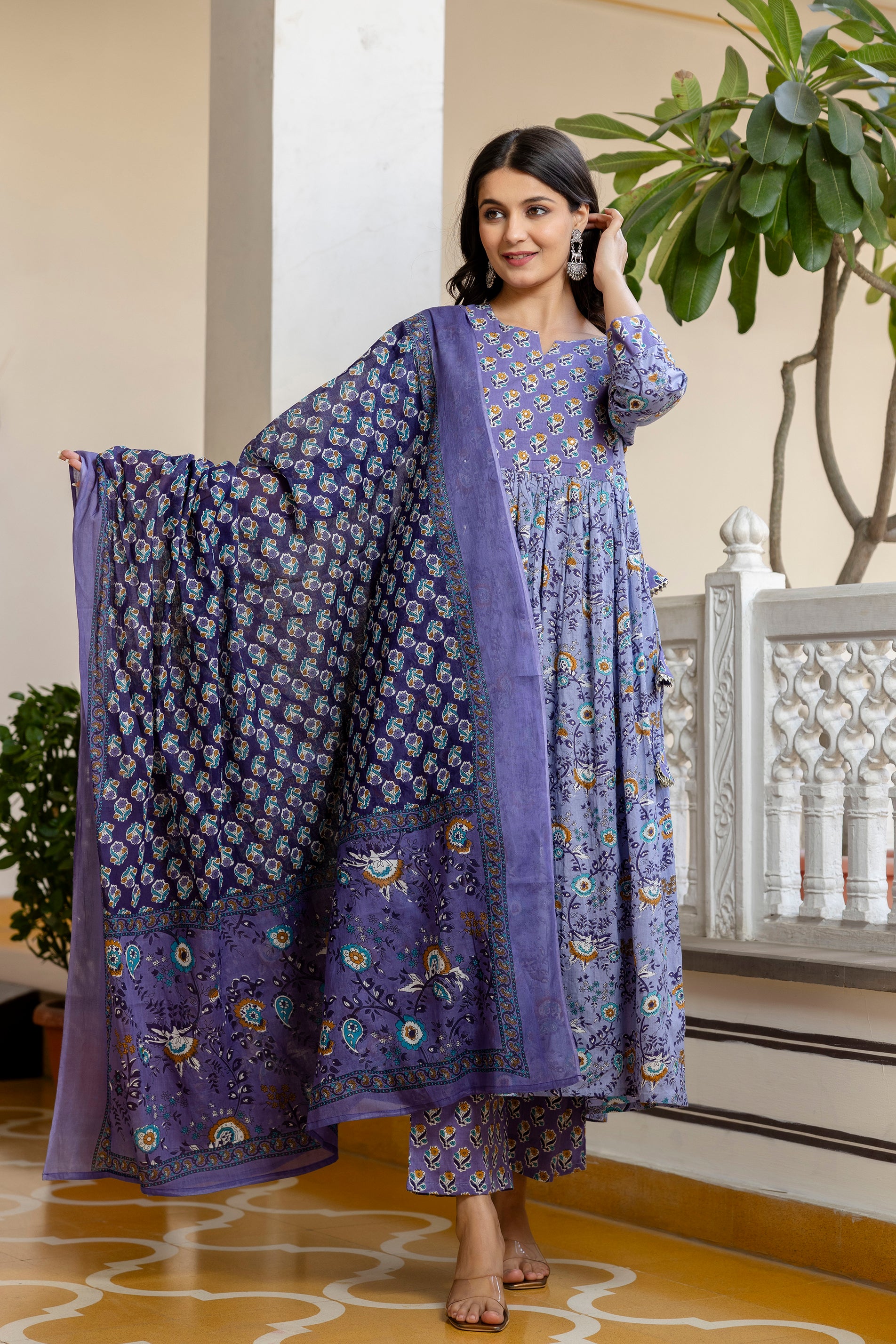 Pure cotton Flared kurta pant dupatta set