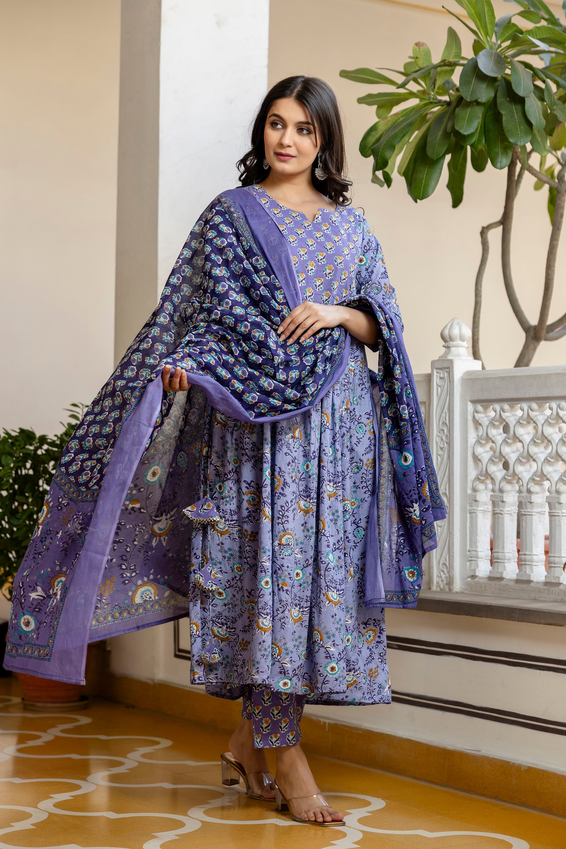 Pure cotton Flared kurta pant dupatta set