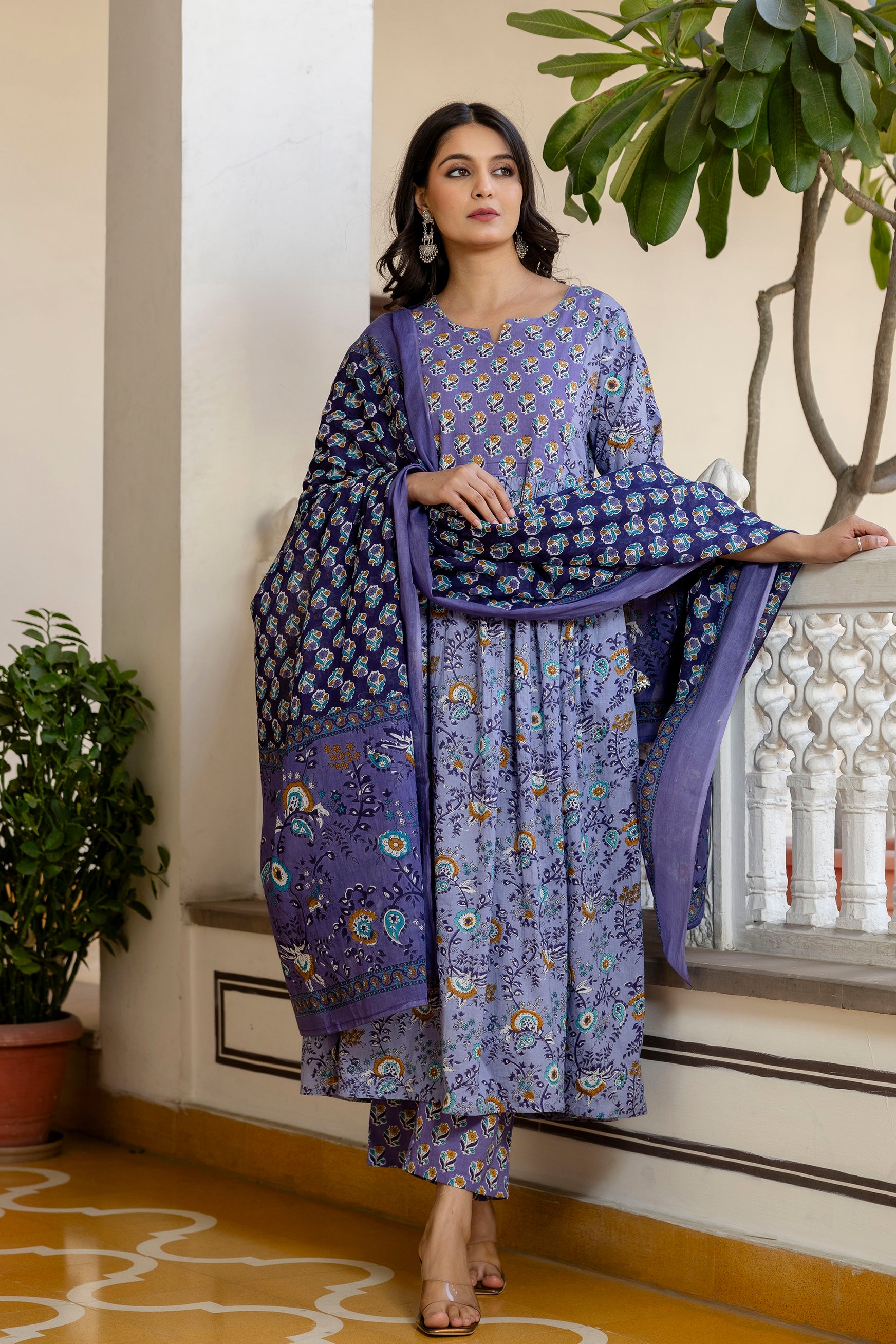 Pure cotton Flared kurta pant dupatta set