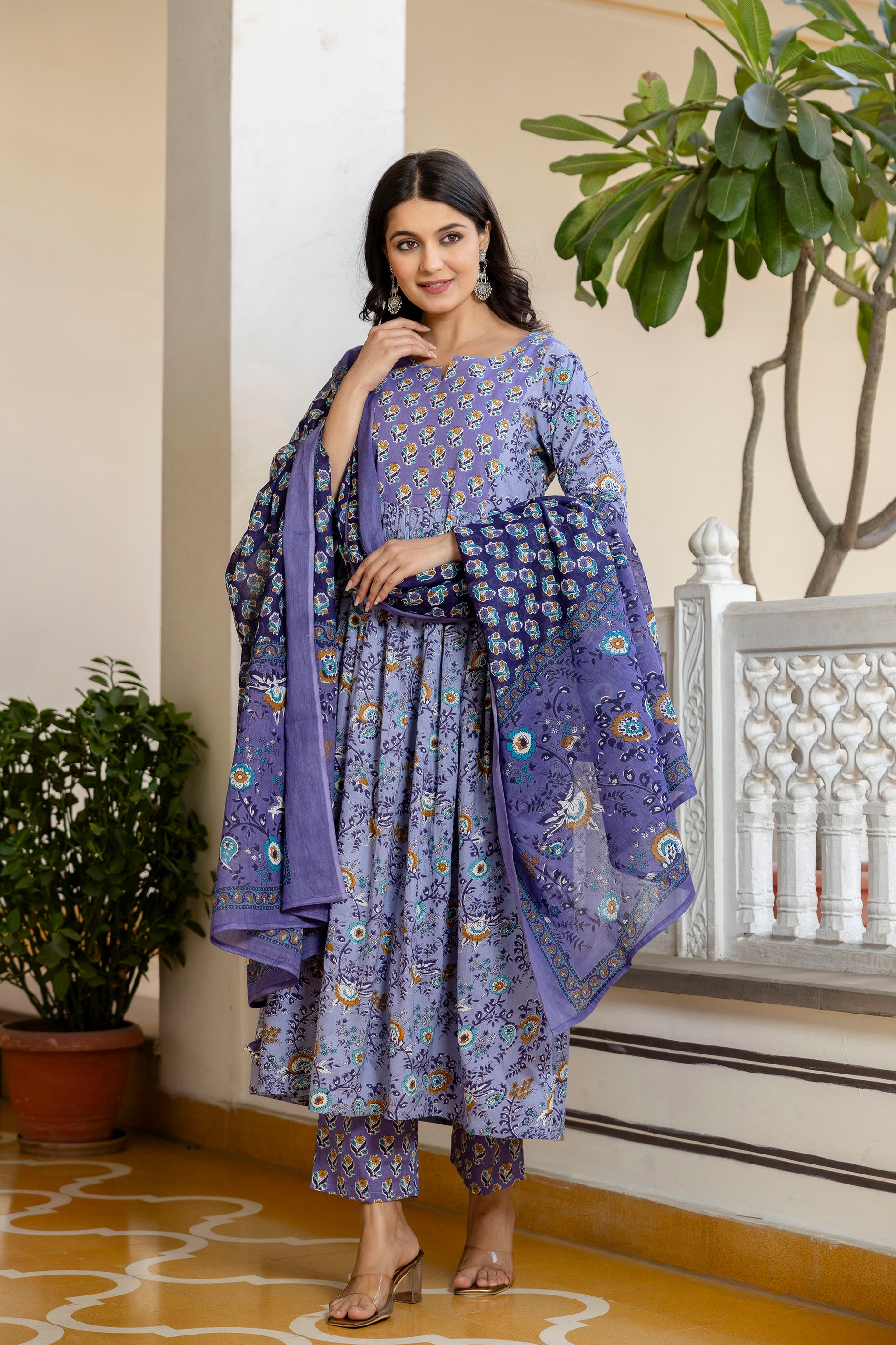 Pure cotton Flared kurta pant dupatta set