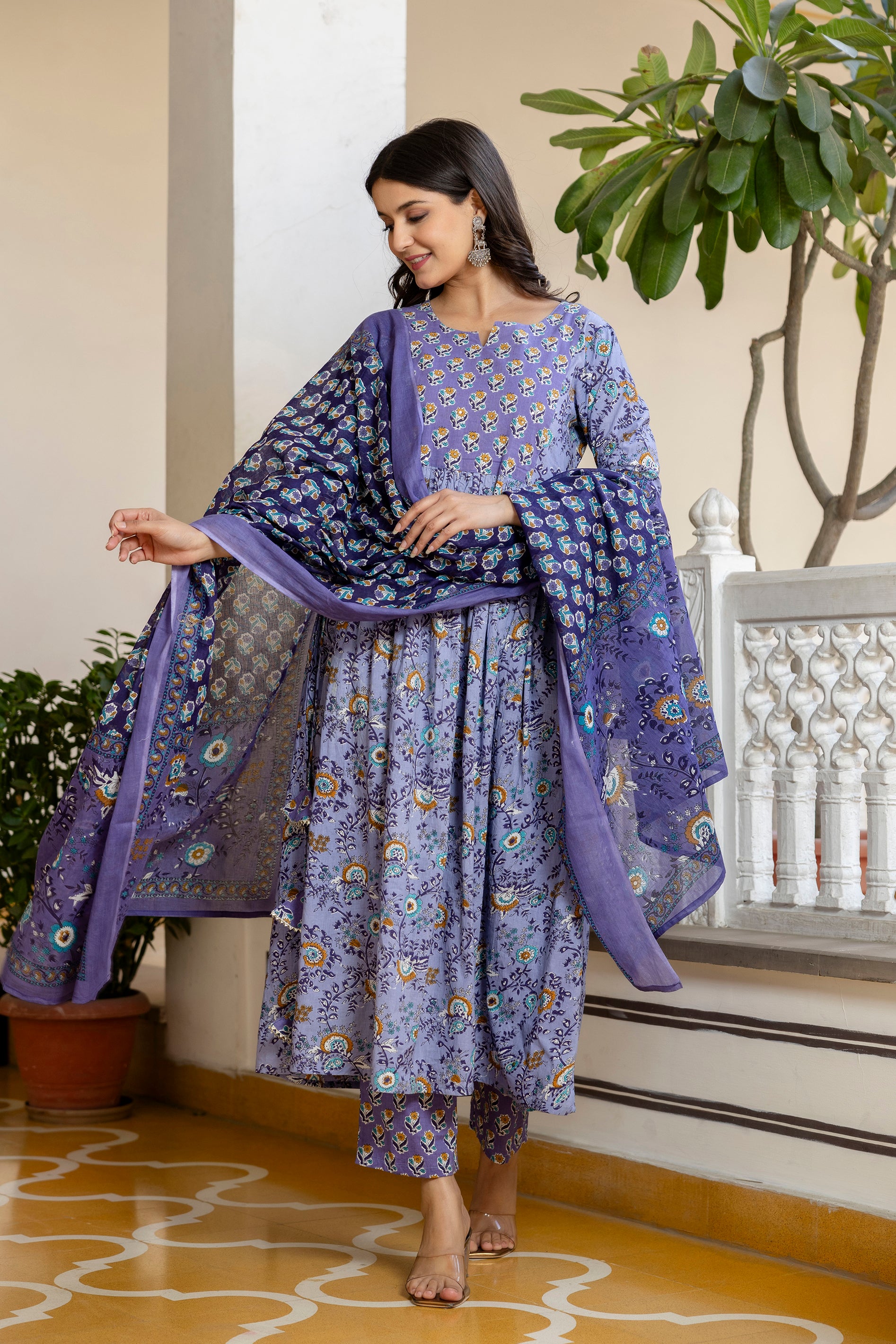 Pure cotton Flared kurta pant dupatta set
