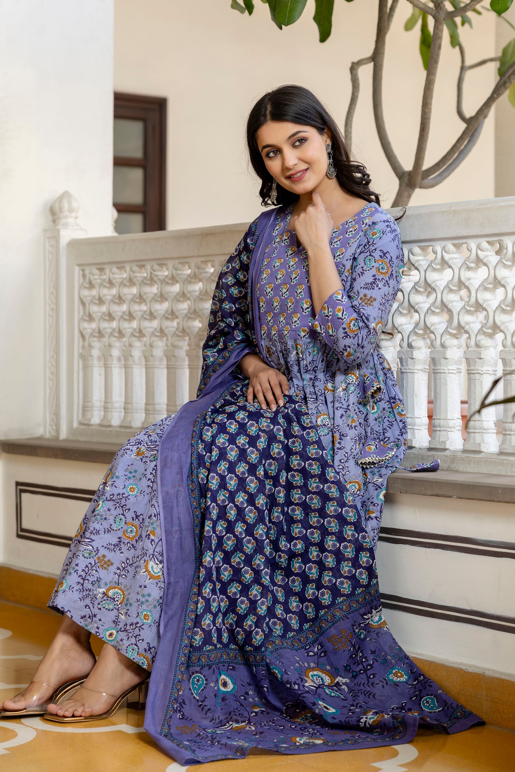 Pure cotton Flared kurta pant dupatta set