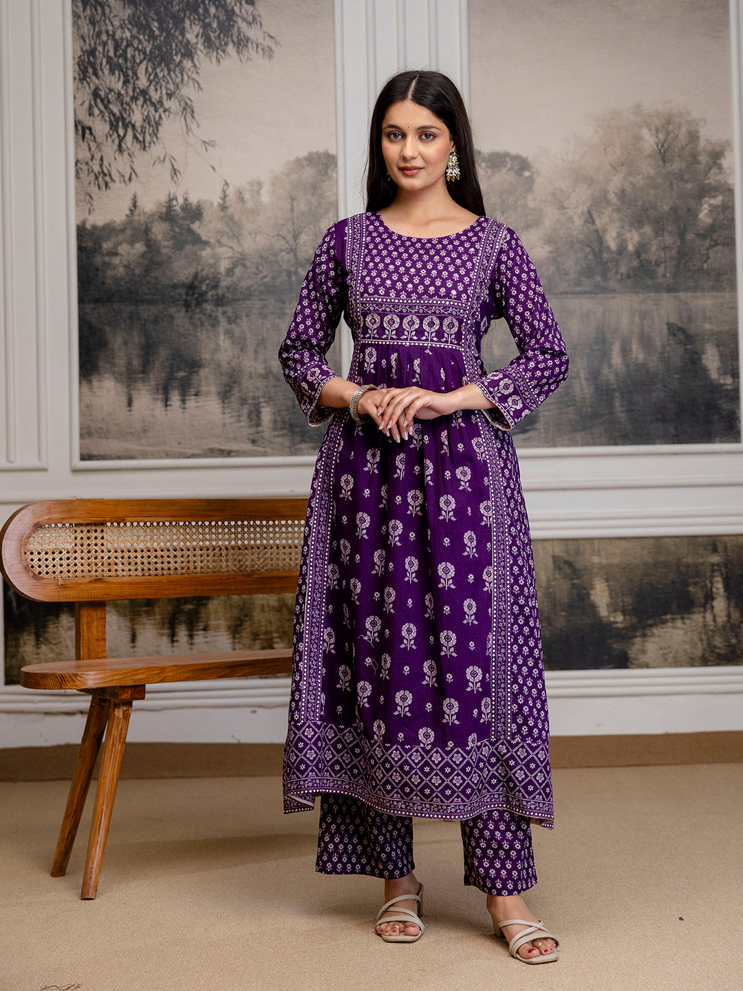 Womens Pure Cotton Pleated Kurta Pant Dupatta Set