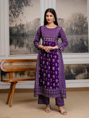 Womens Pure Cotton Pleated Kurta Pant Dupatta Set