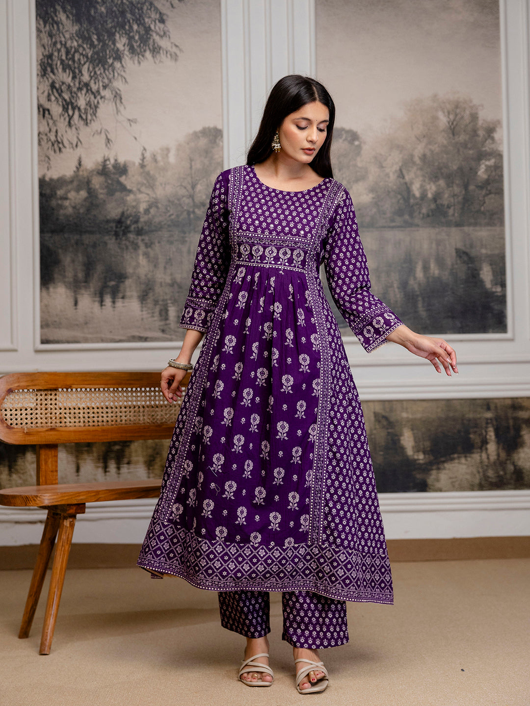 Womens Pure Cotton Pleated Kurta Pant Dupatta Set