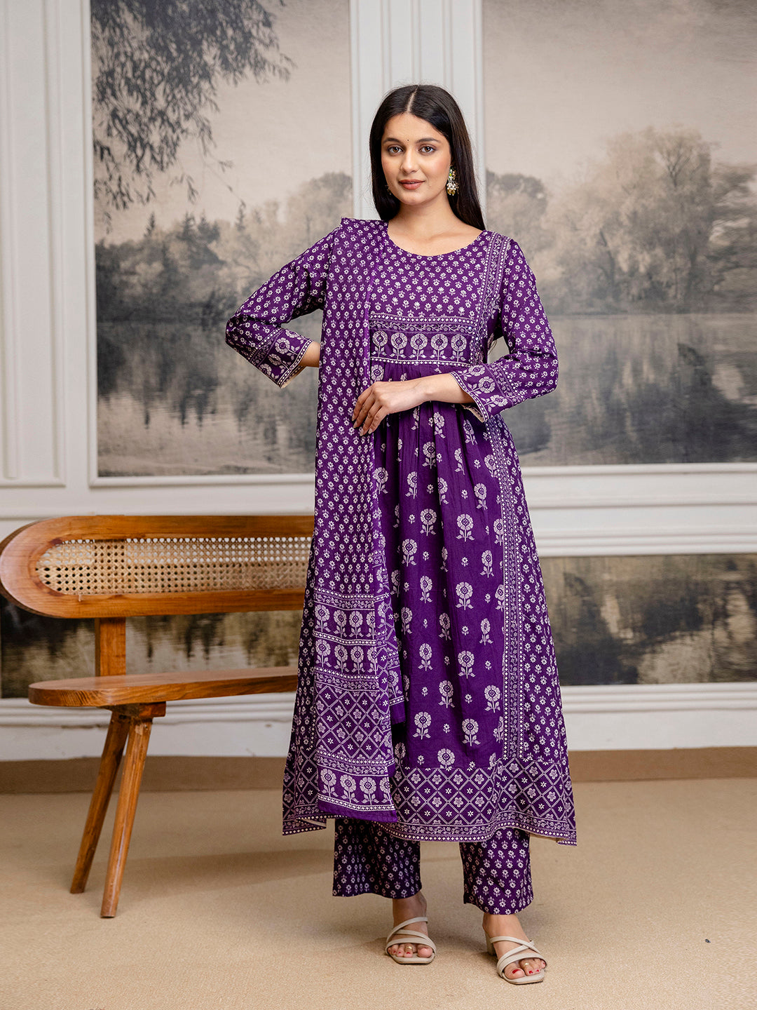 Womens Pure Cotton Pleated Kurta Pant Dupatta Set
