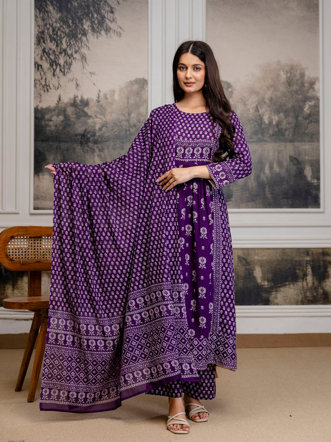 Womens Pure Cotton Pleated Kurta Pant Dupatta Set