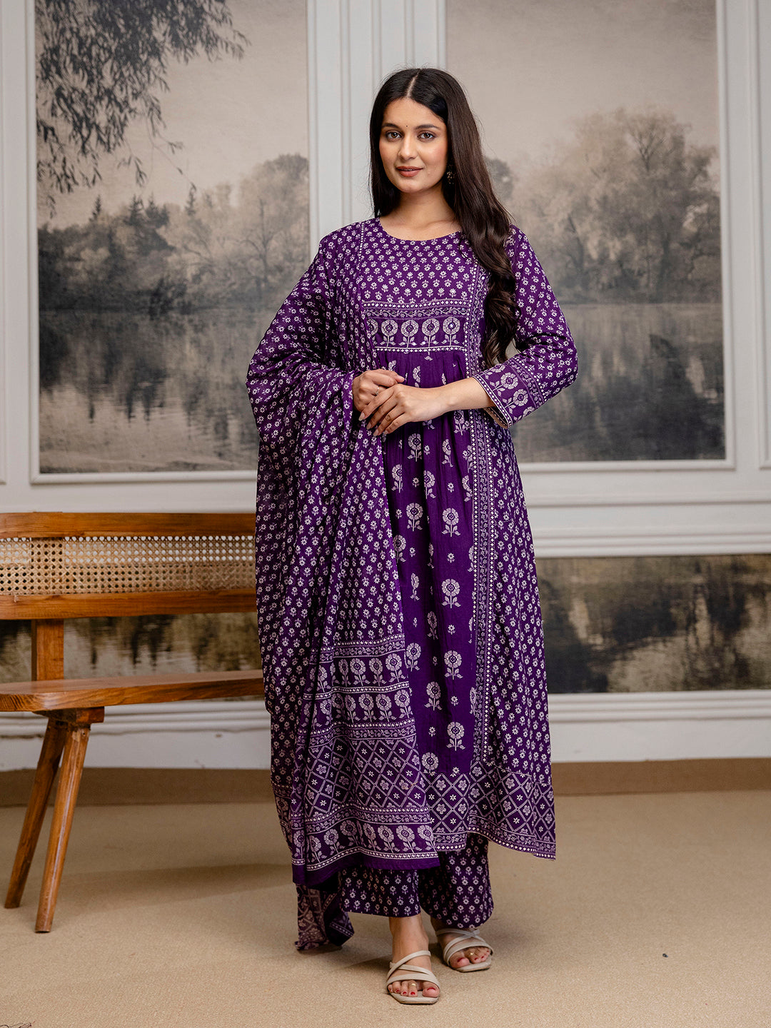 Womens Pure Cotton Pleated Kurta Pant Dupatta Set