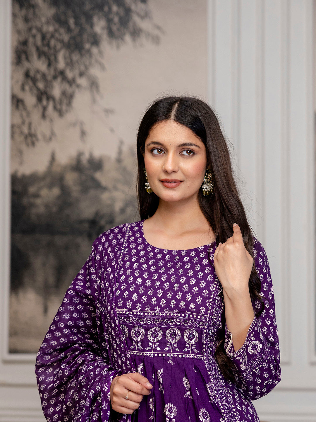 Womens Pure Cotton Pleated Kurta Pant Dupatta Set