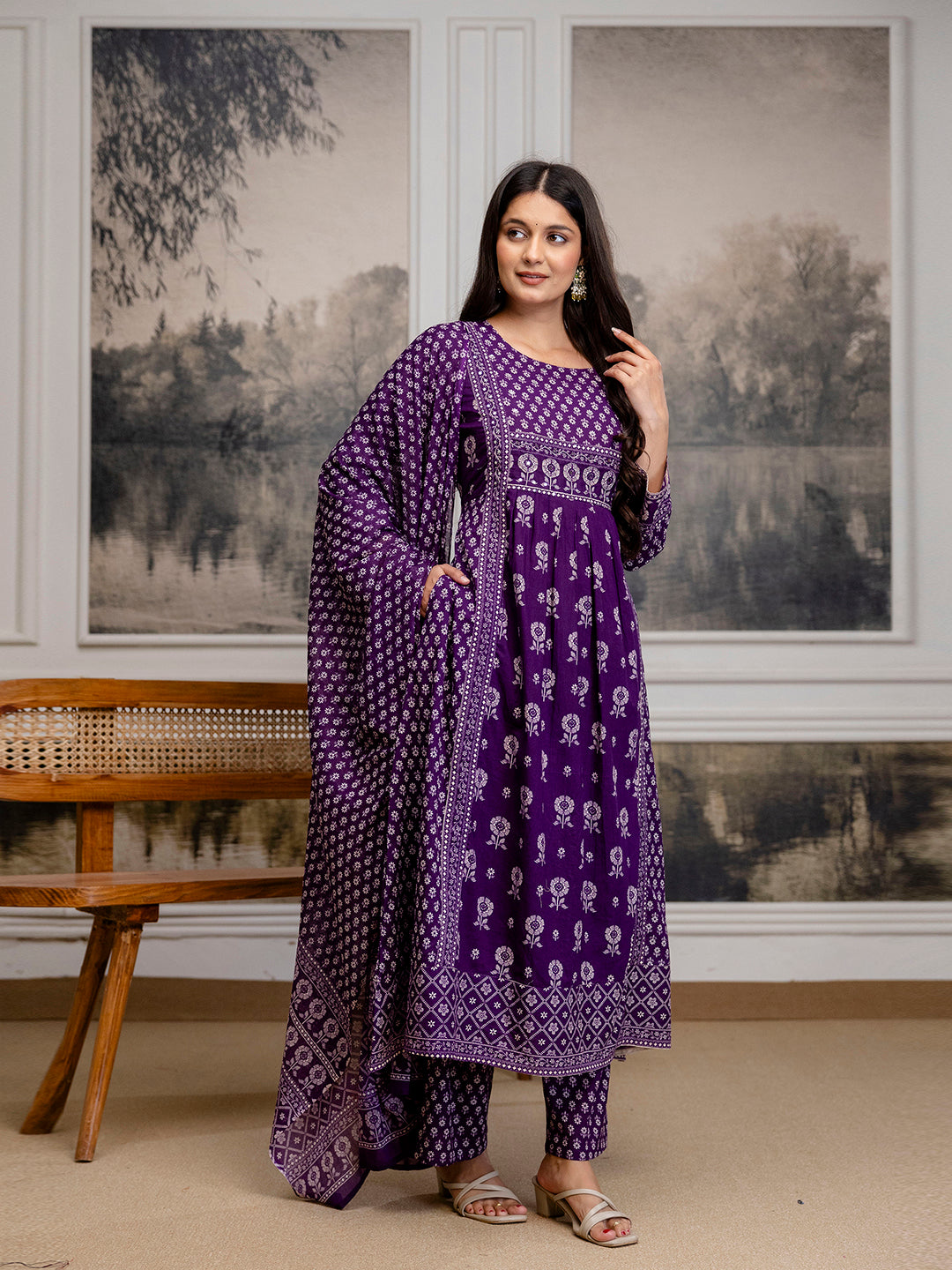Womens Pure Cotton Pleated Kurta Pant Dupatta Set