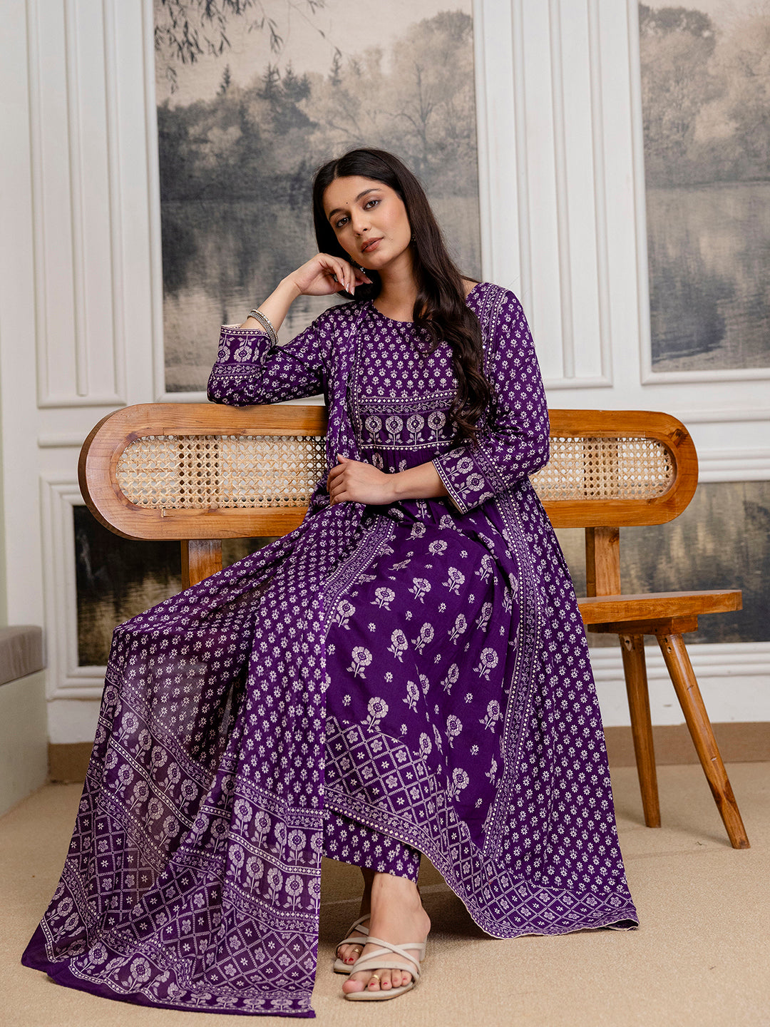 Womens Pure Cotton Pleated Kurta Pant Dupatta Set