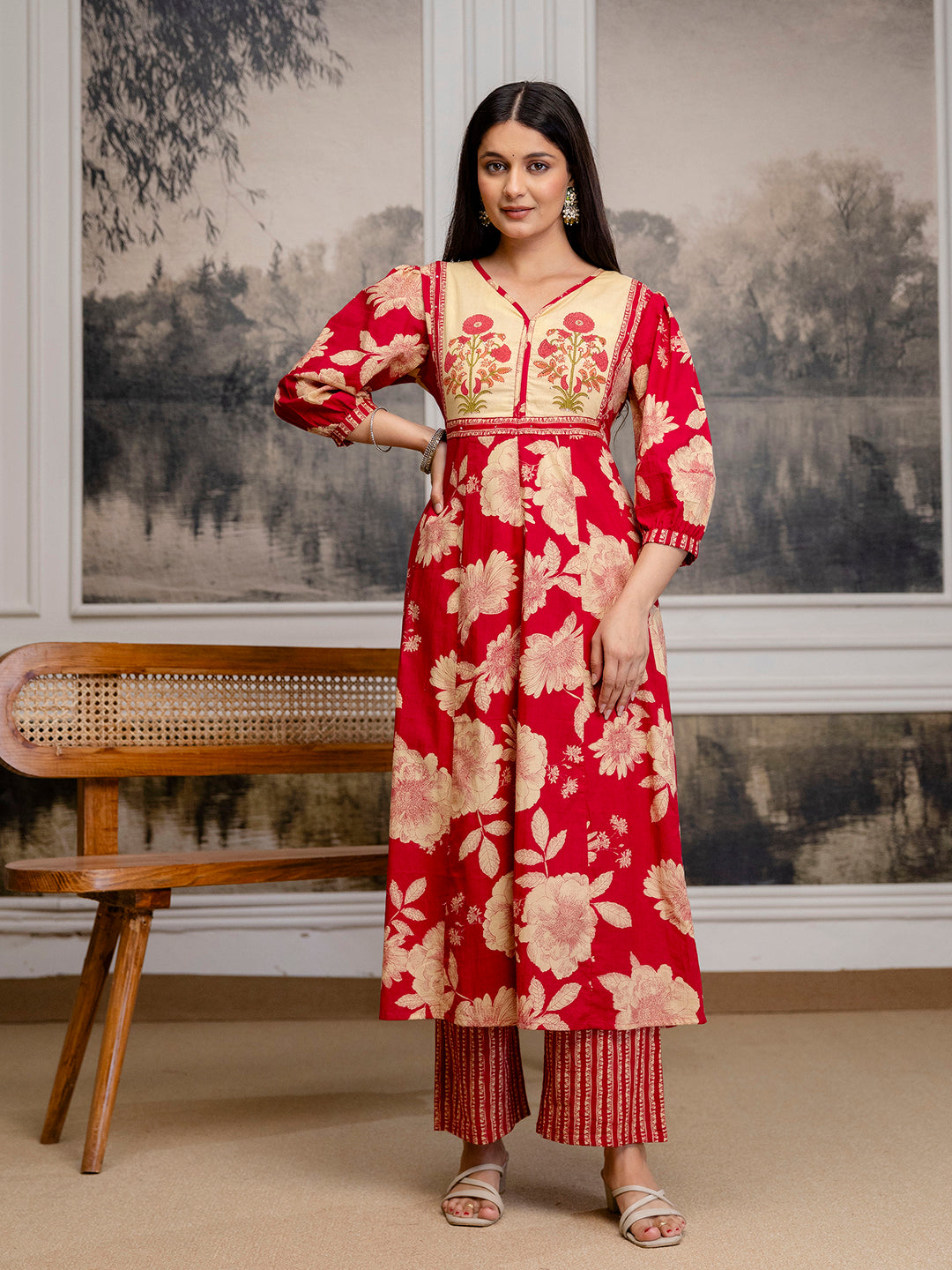 Womens Cotton Block Print Kurta pant Dupatta set