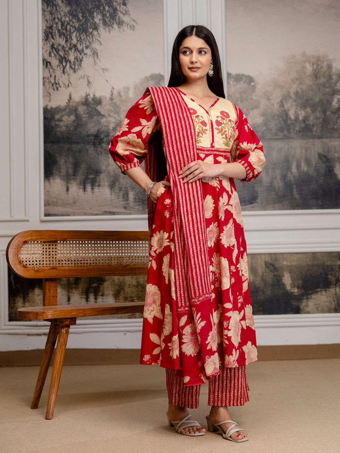 Womens Cotton Block Print Kurta pant Dupatta set