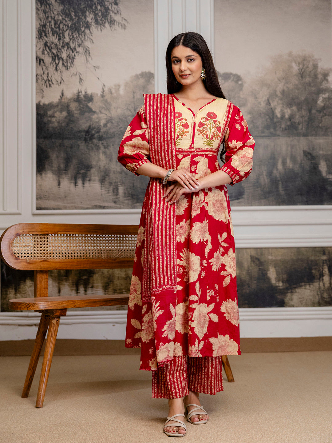 Womens Cotton Block Print Kurta pant Dupatta set