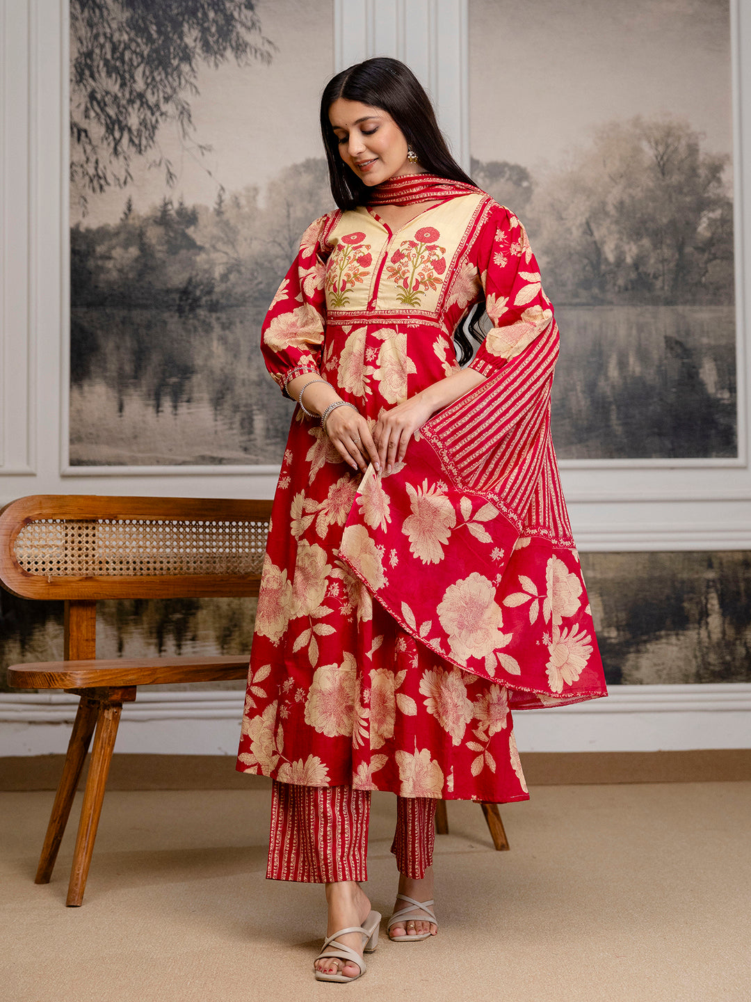 Womens Cotton Block Print Kurta pant Dupatta set