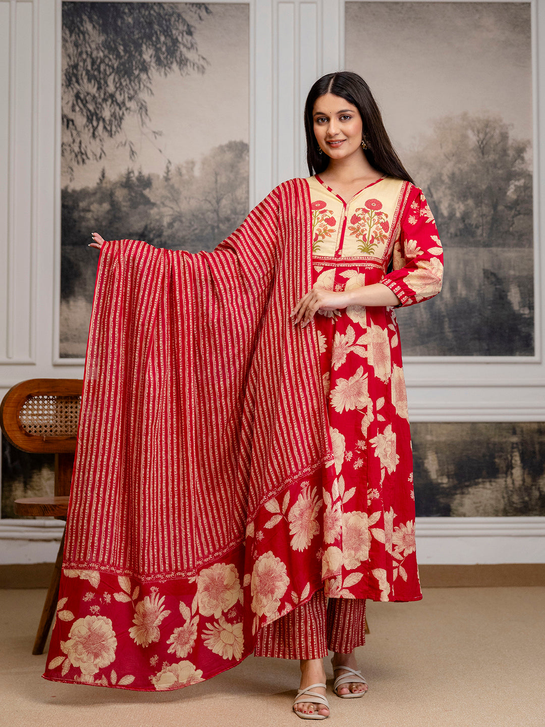 Womens Cotton Block Print Kurta pant Dupatta set