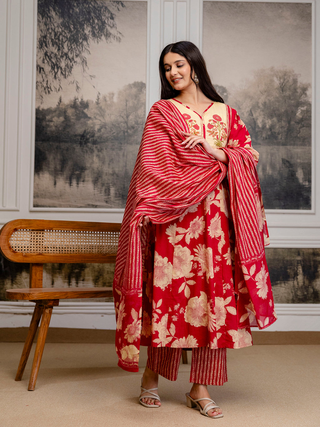 Womens Cotton Block Print Kurta pant Dupatta set