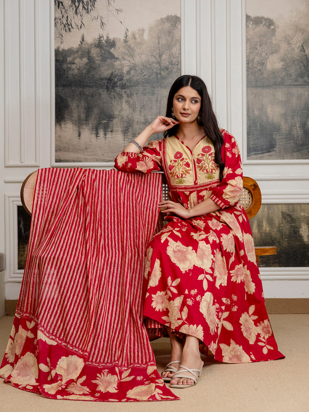 Womens Cotton Block Print Kurta pant Dupatta set