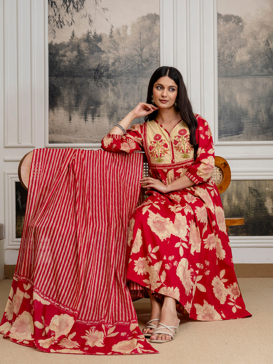 women's pure cotton Anarkali Hand block printed Kurta pant Dupatta set