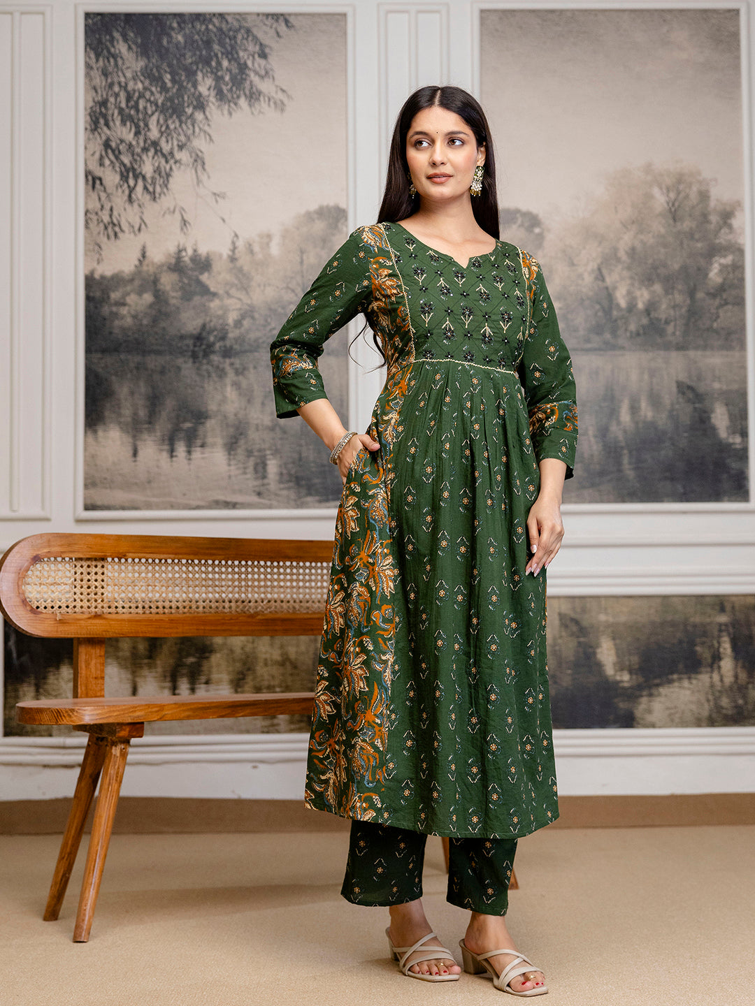 Womens pure cotton flared kurta pant dupatta set