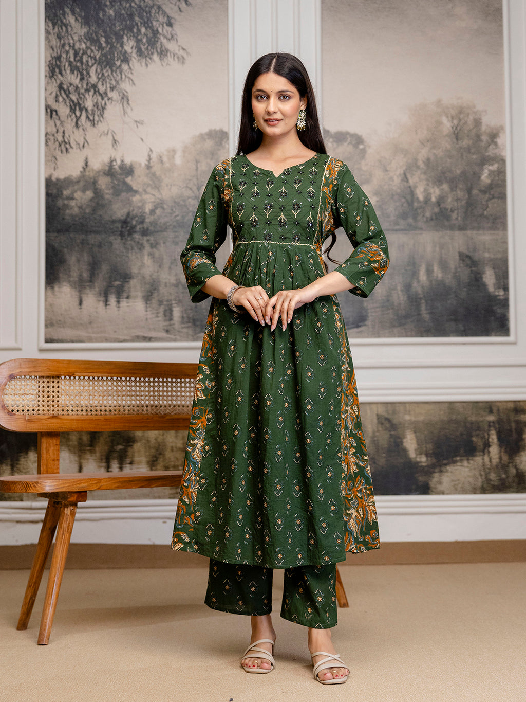 Womens pure cotton flared kurta pant dupatta set